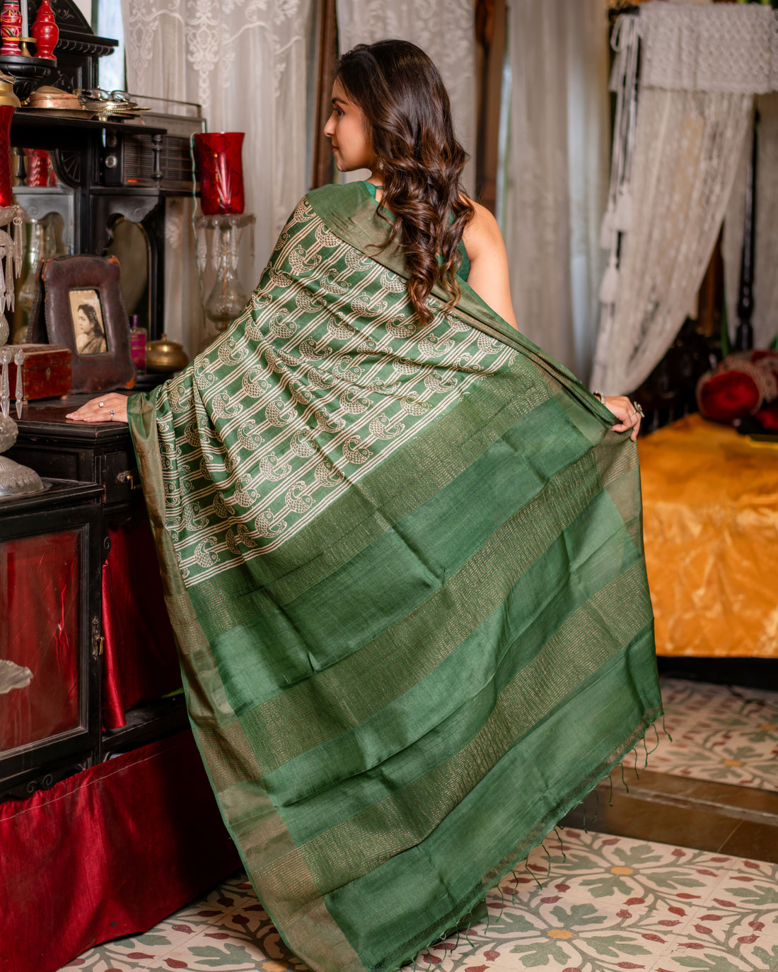 Zari Bordered Pure Tussar Hand Block Printed Saree