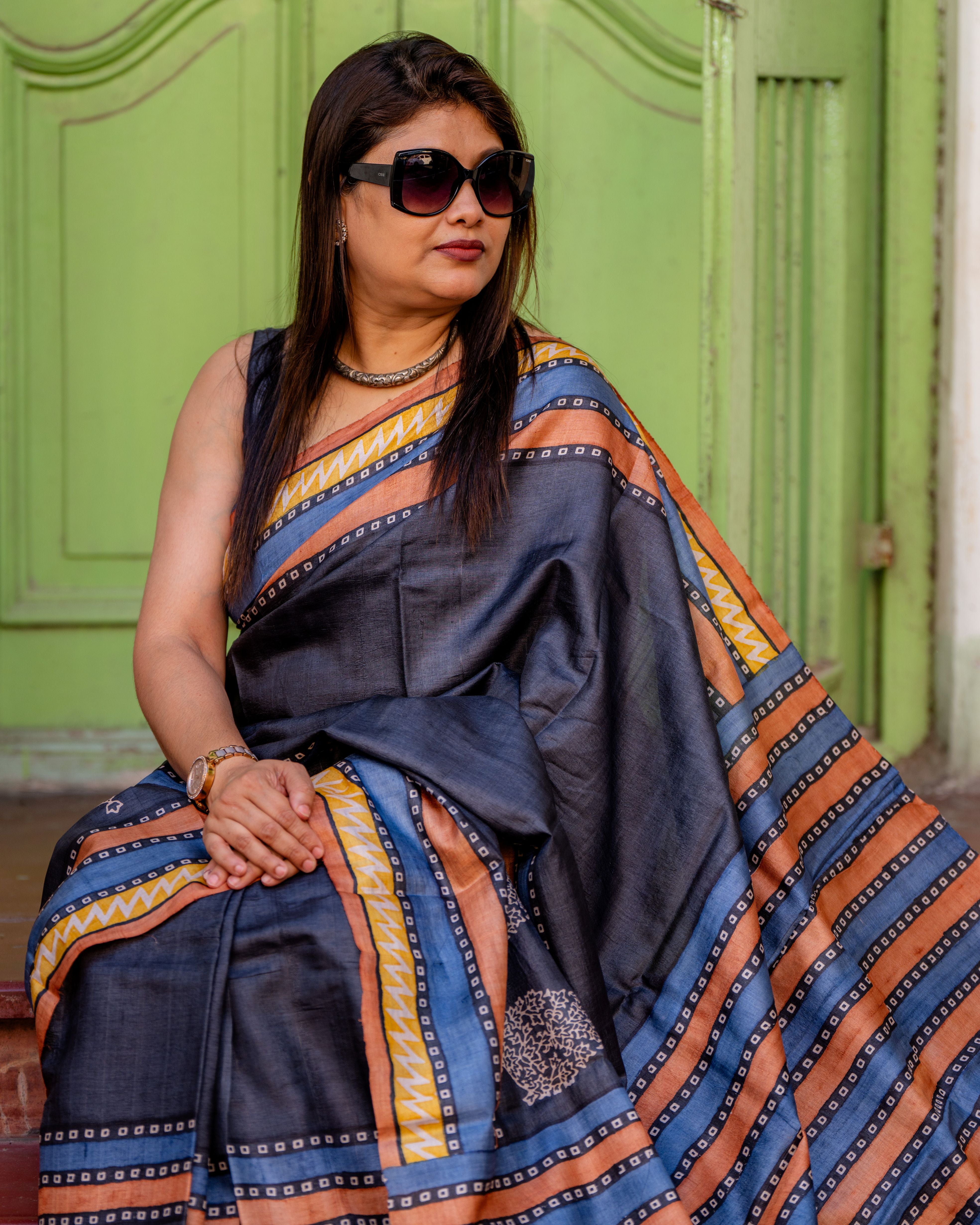 Nishigandha Handblock Tussar Silk Saree