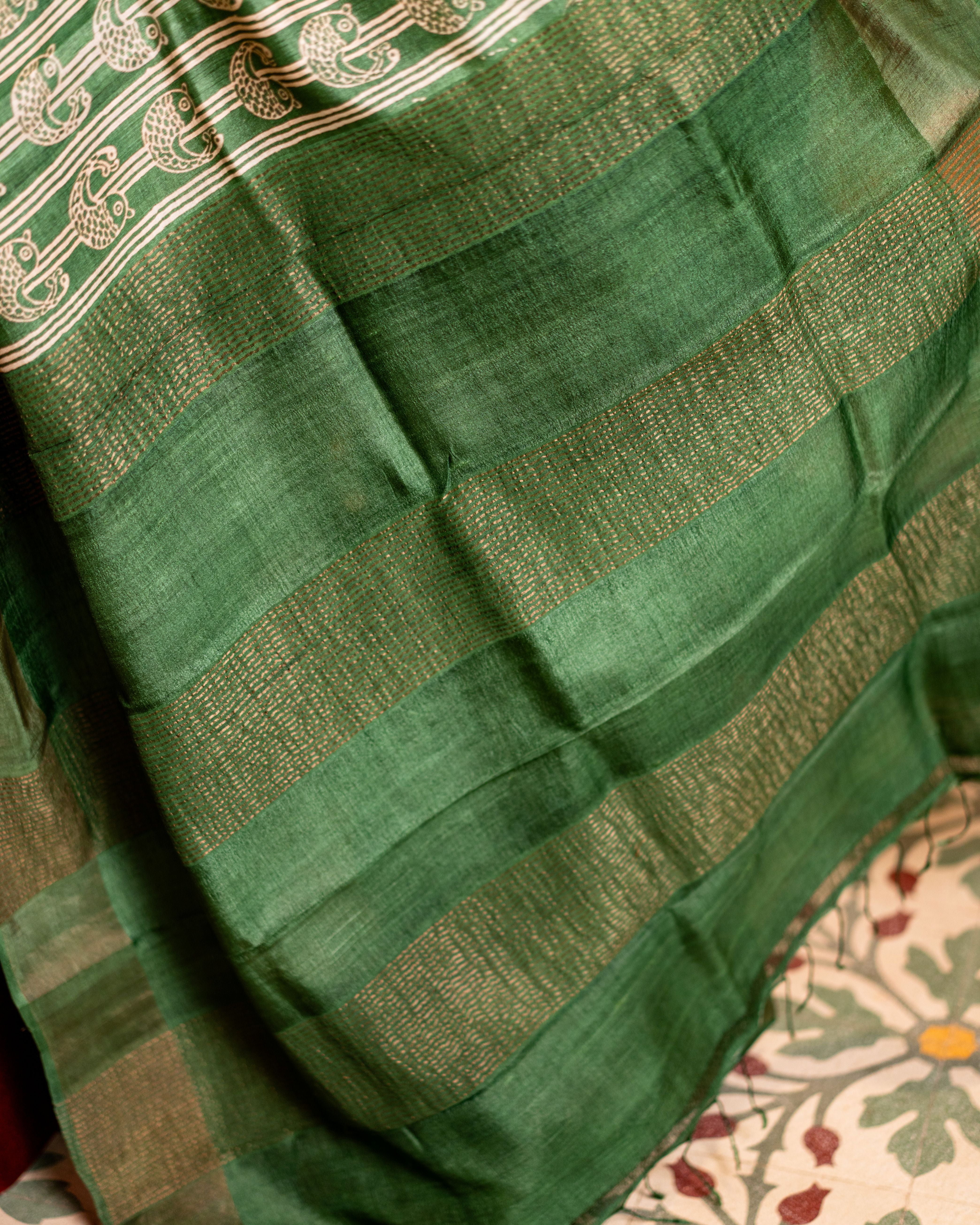 Zari Bordered Pure Tussar Hand Block Printed Saree
