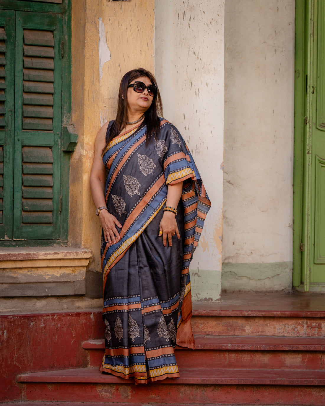 Nishigandha Handblock Tussar Silk Saree