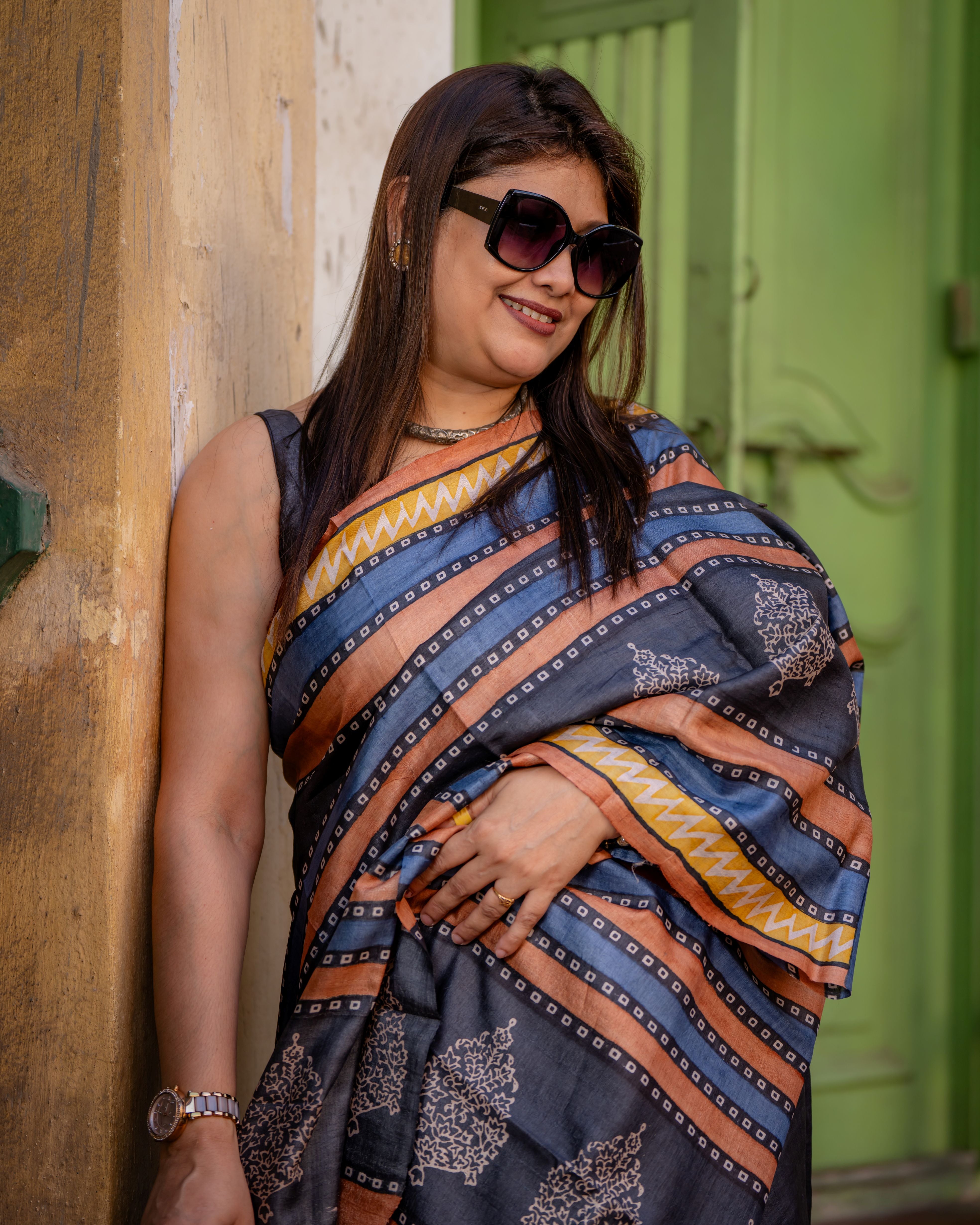Nishigandha Handblock Tussar Silk Saree