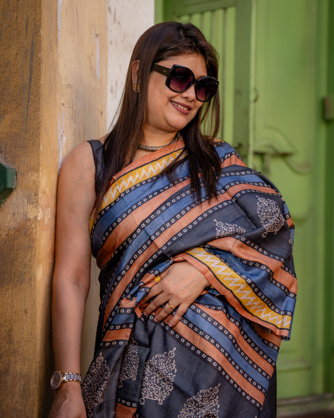 Nishigandha Handblock Tussar Silk Saree