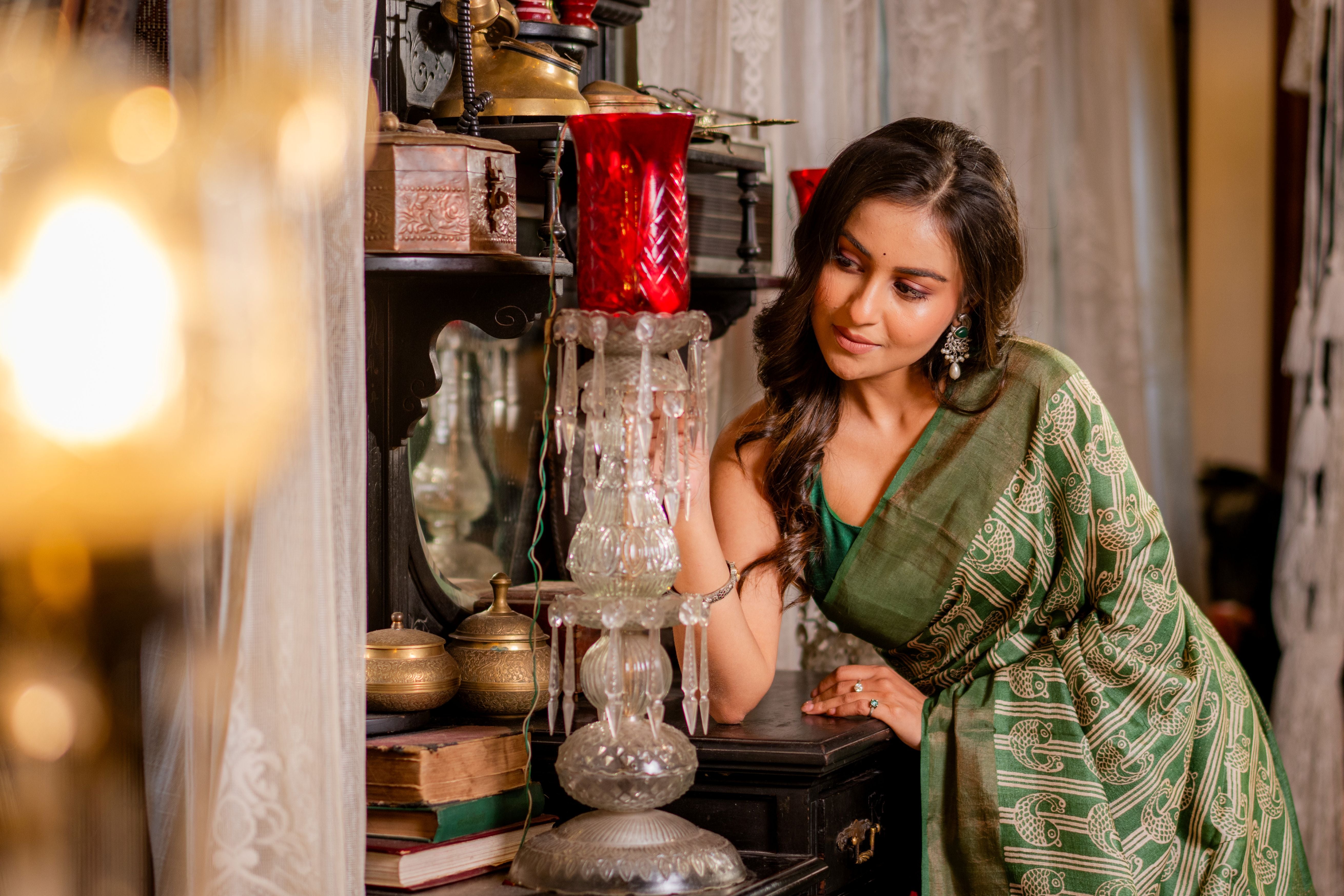 Zari Bordered Pure Tussar Hand Block Printed Saree