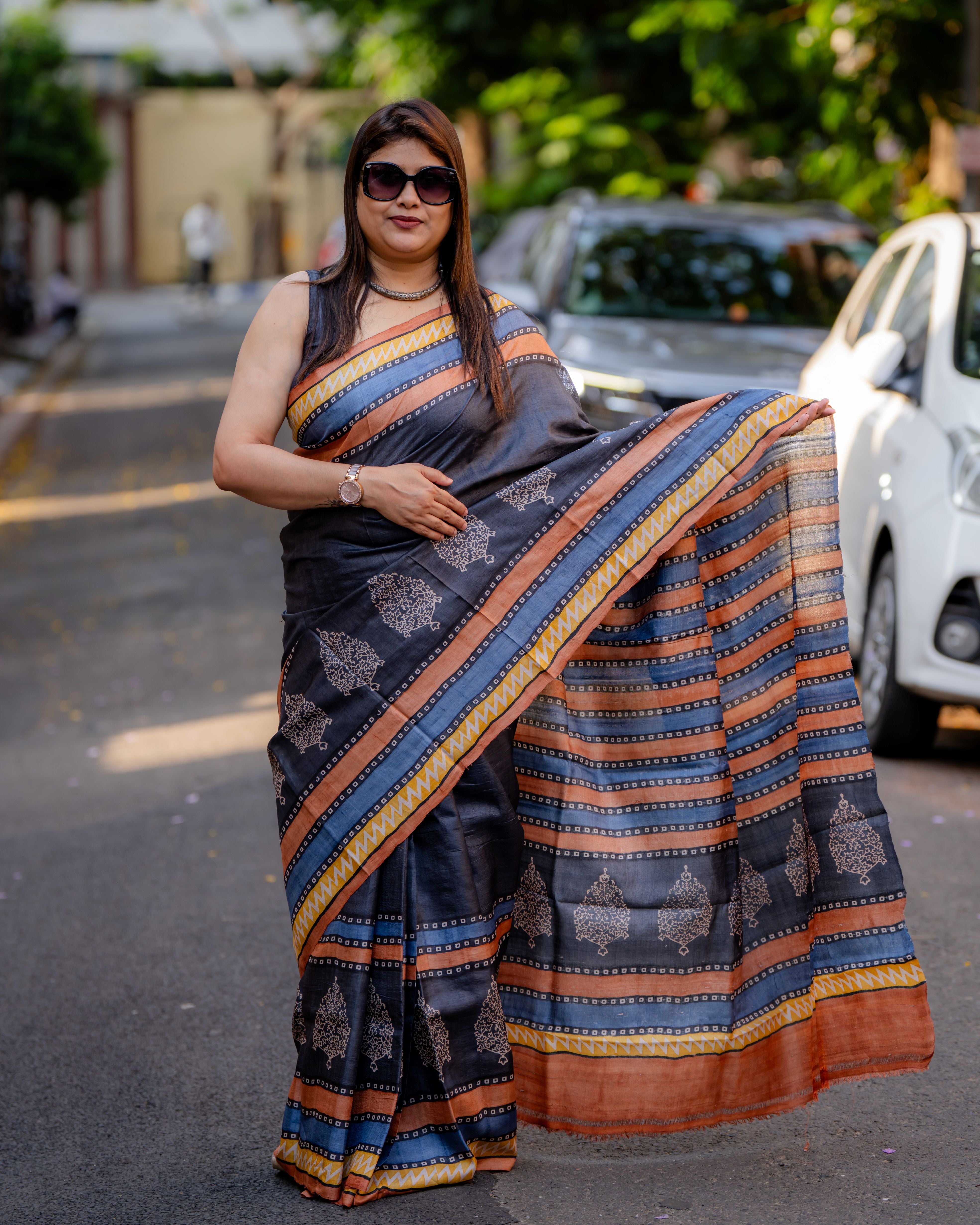 Nishigandha Handblock Tussar Silk Saree