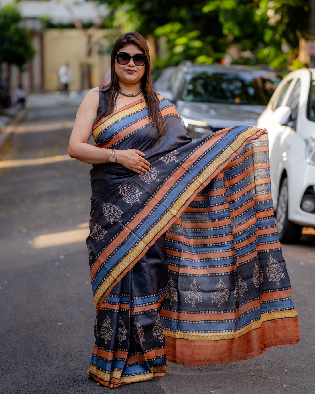 Nishigandha Handblock Tussar Silk Saree