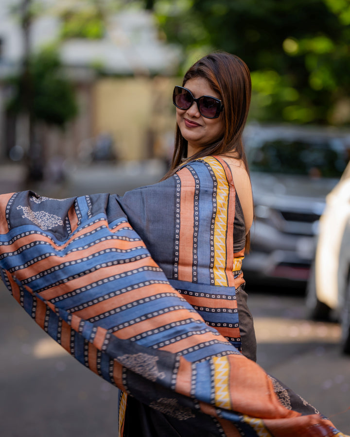 Nishigandha Handblock Tussar Silk Saree