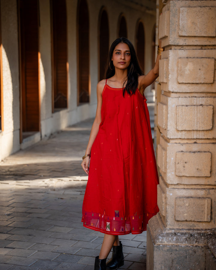 Crimson Needlework Jamdani Cotton Dress