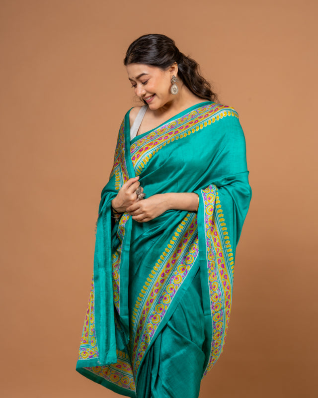 Turquoise Elegance – Pure Katan Silk Saree