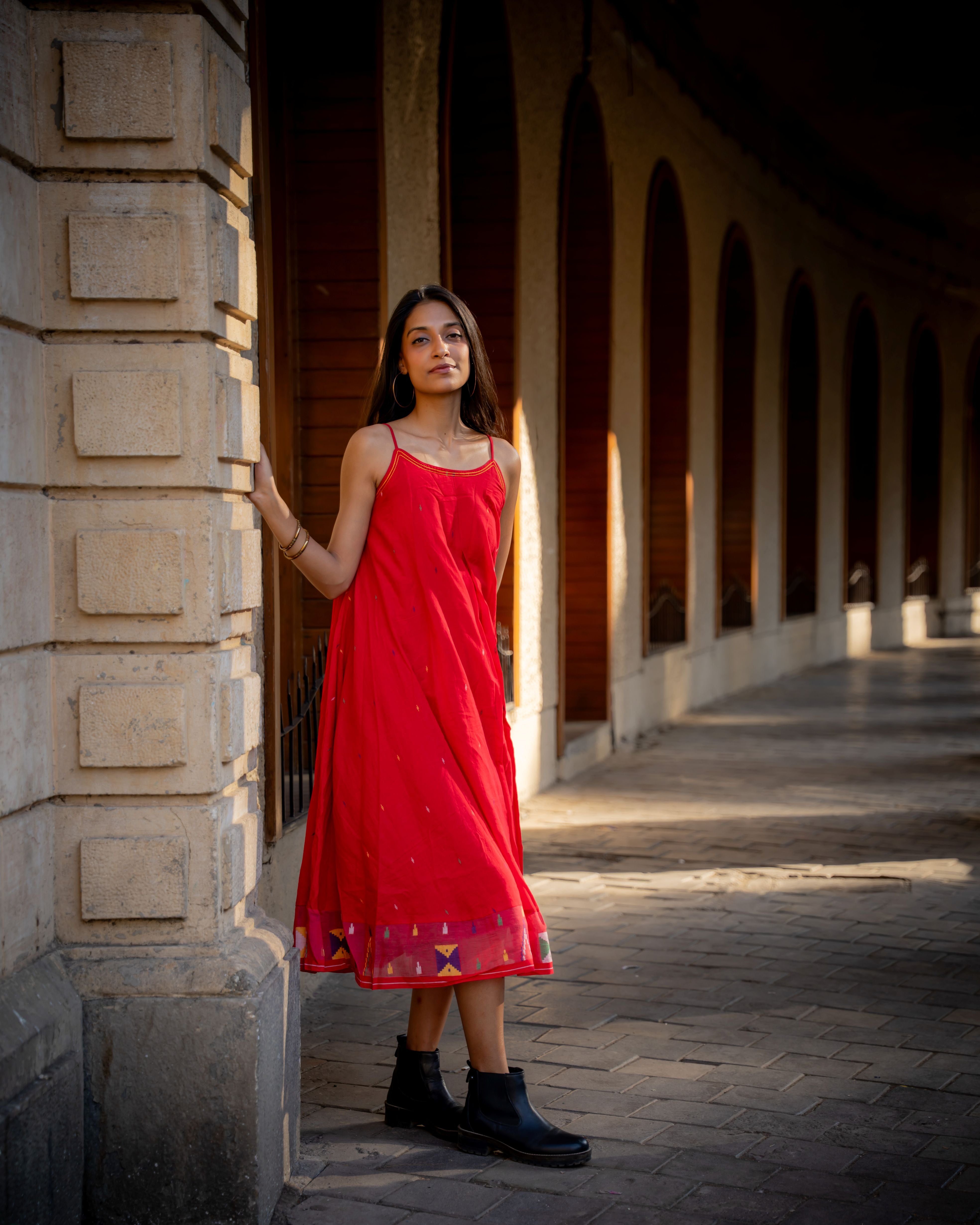 Crimson Needlework Jamdani Cotton Dress