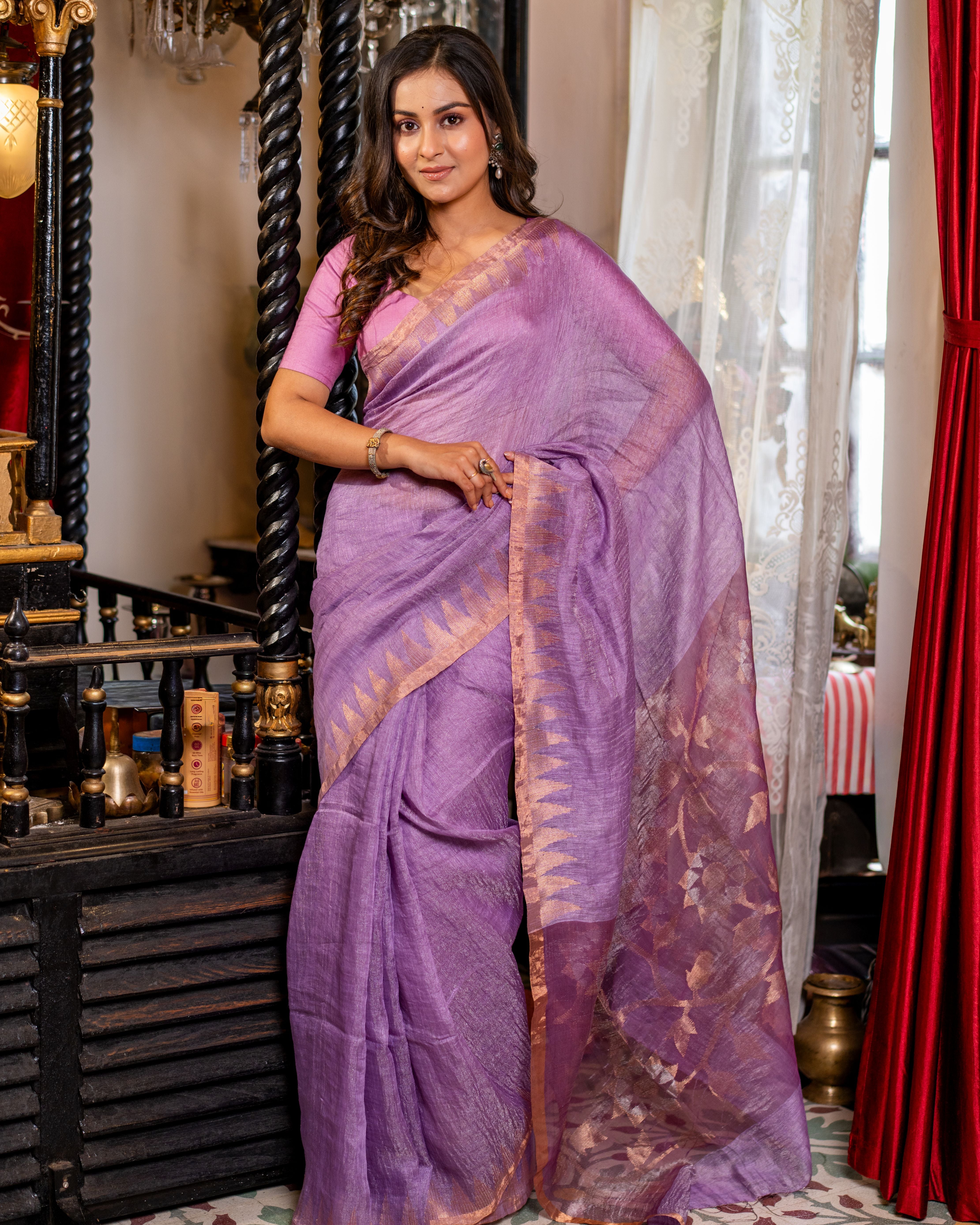 The Lavender Heritage Silk Linen Jamdani Saree with Temple Border