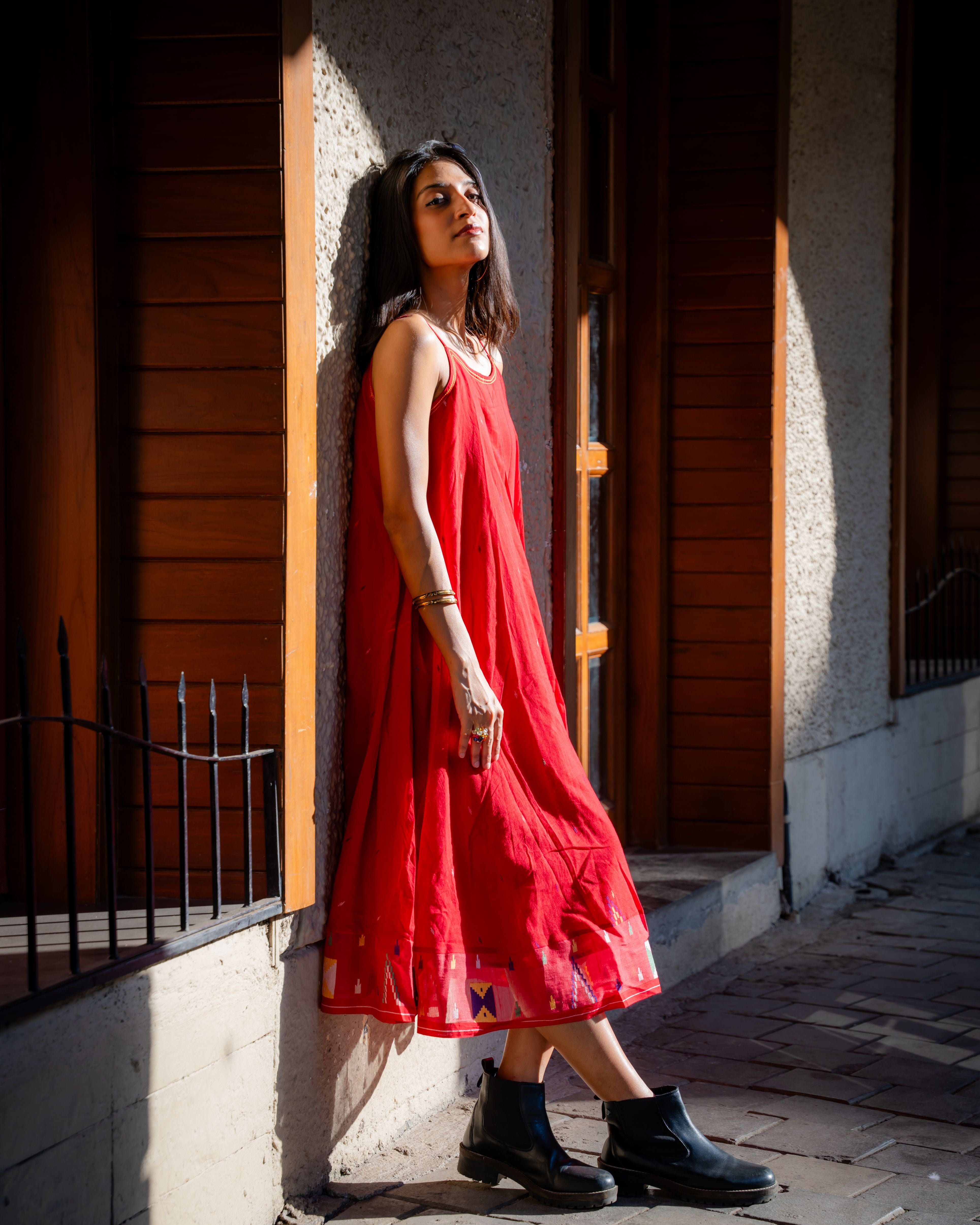 Crimson Needlework Jamdani Cotton Dress
