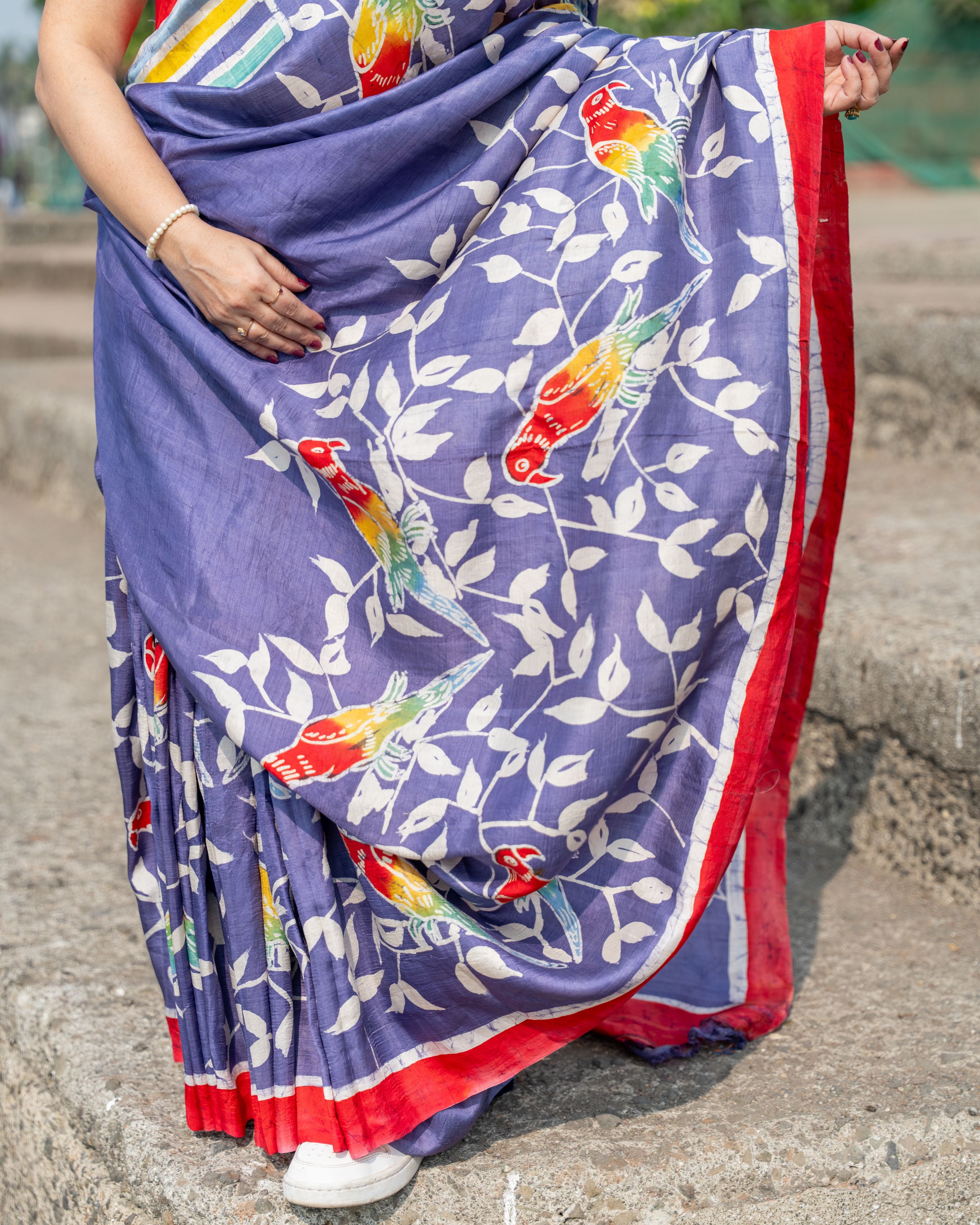 Lavender Parrot Pure Silk Batik Saree