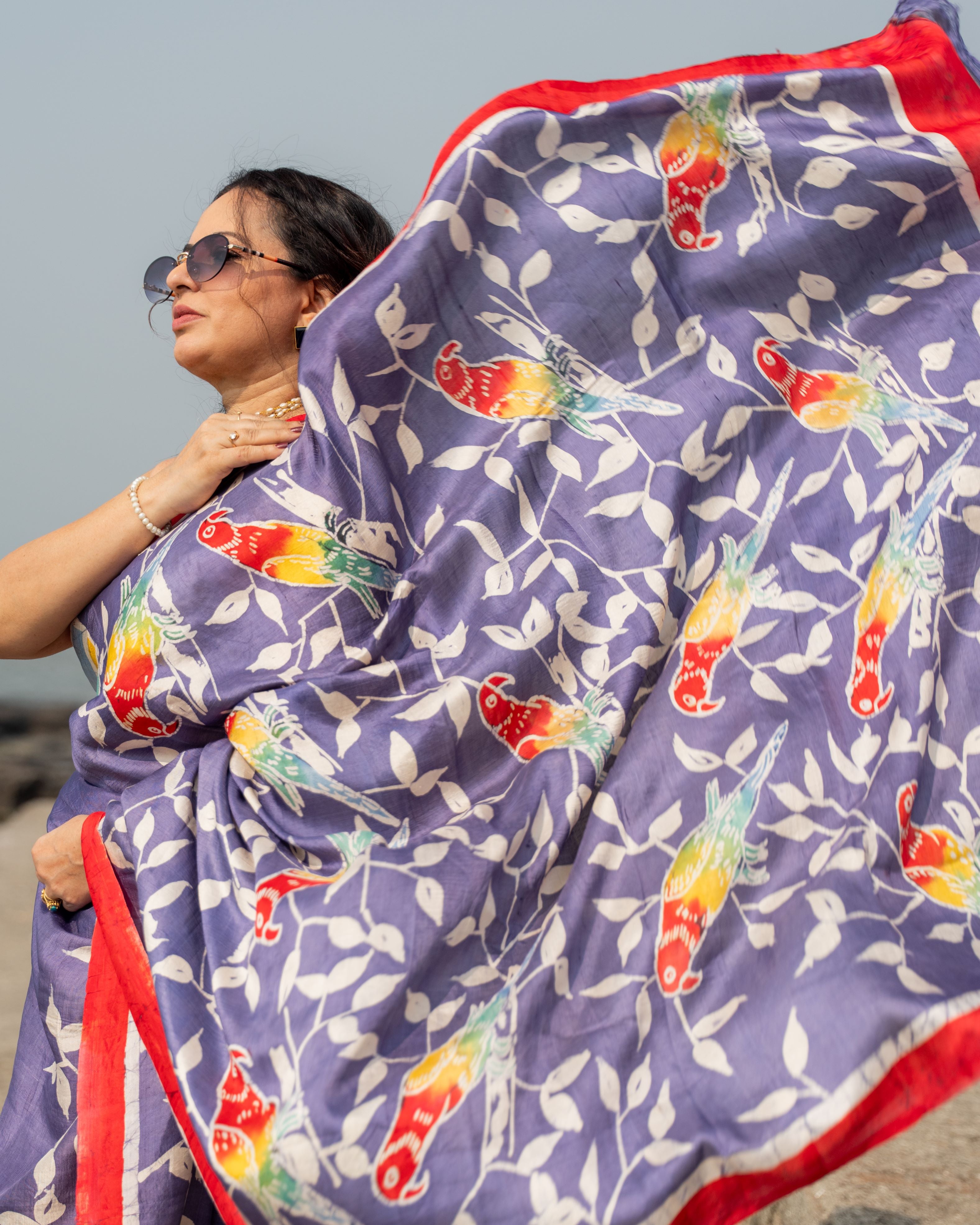 Lavender Parrot Pure Silk Batik Saree