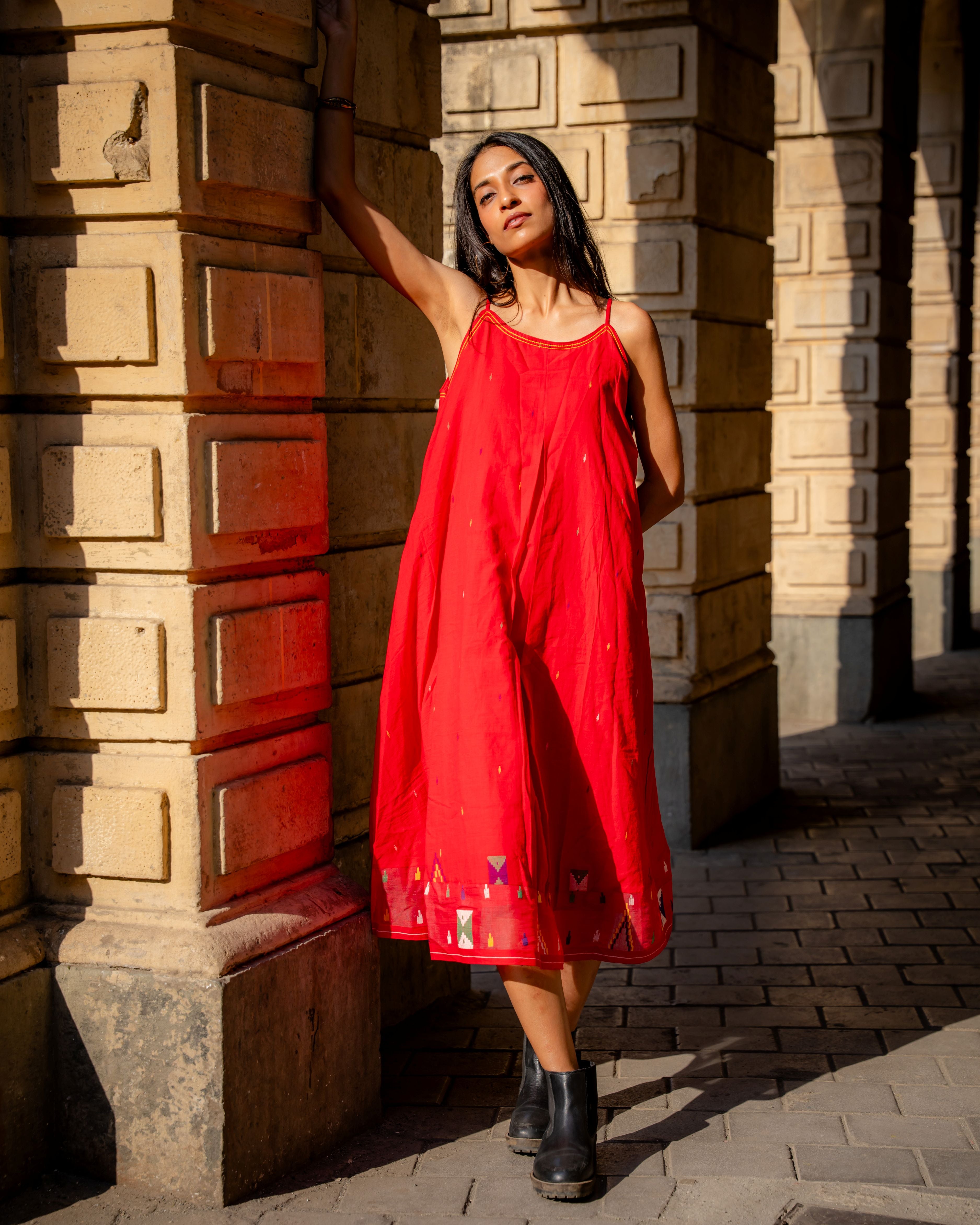 Crimson Needlework Jamdani Cotton Dress