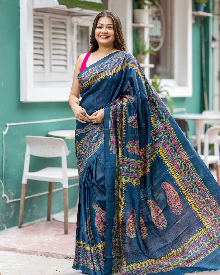 Block Printed Pure Tussar Saree