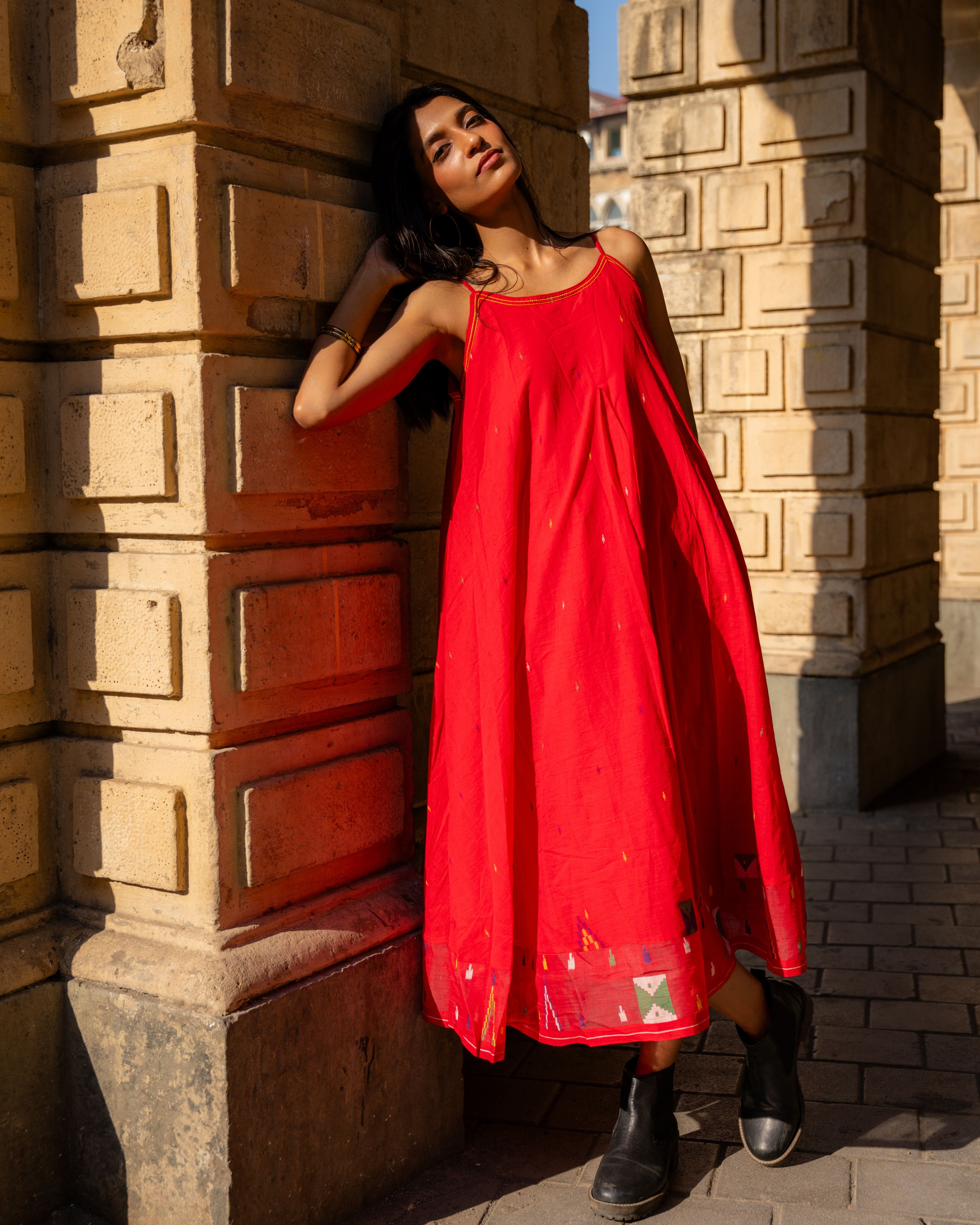 Crimson Needlework Jamdani Cotton Dress