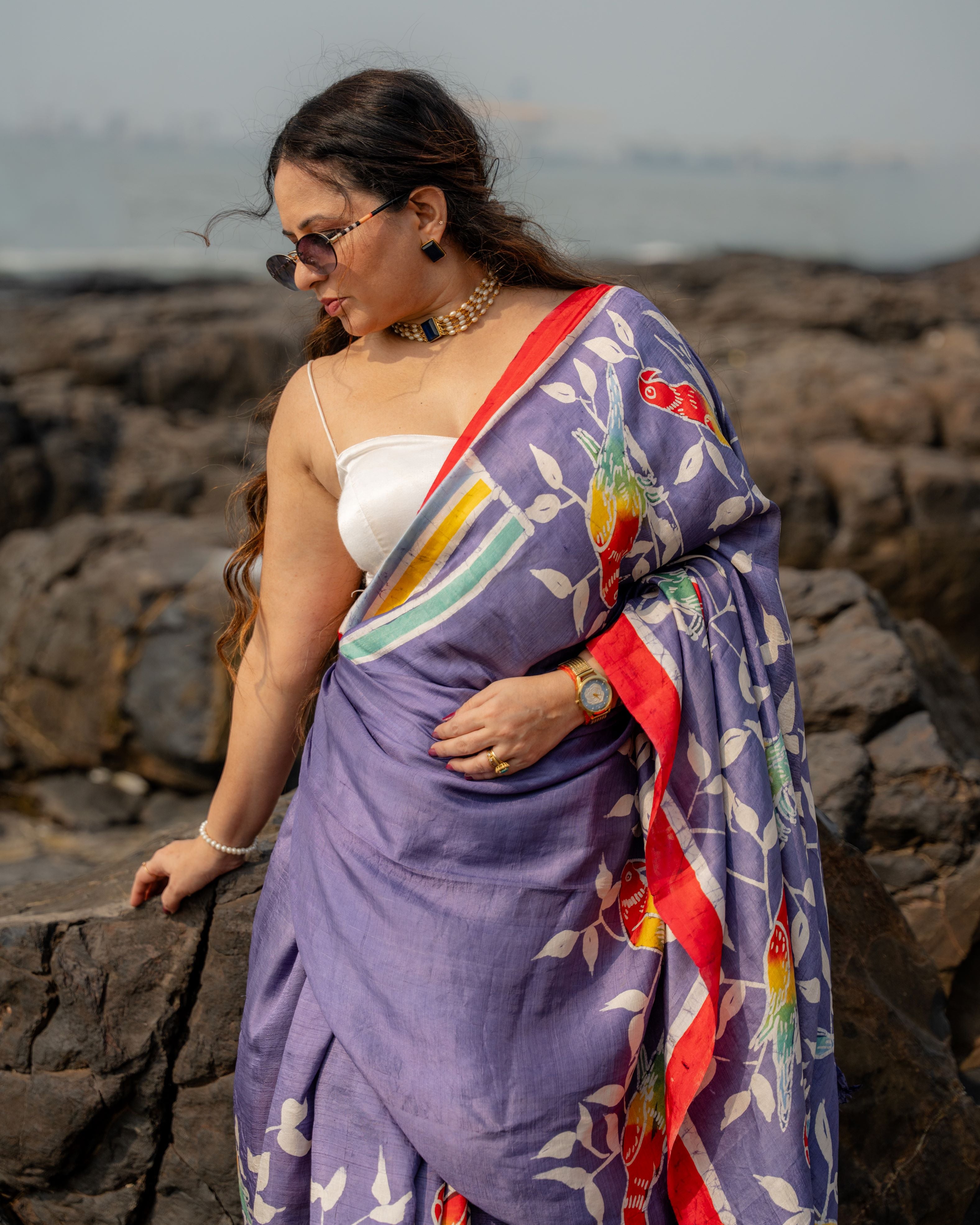Lavender Parrot Pure Silk Batik Saree