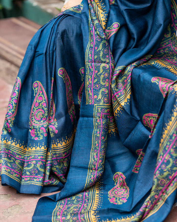 Block Printed Pure Tussar Saree