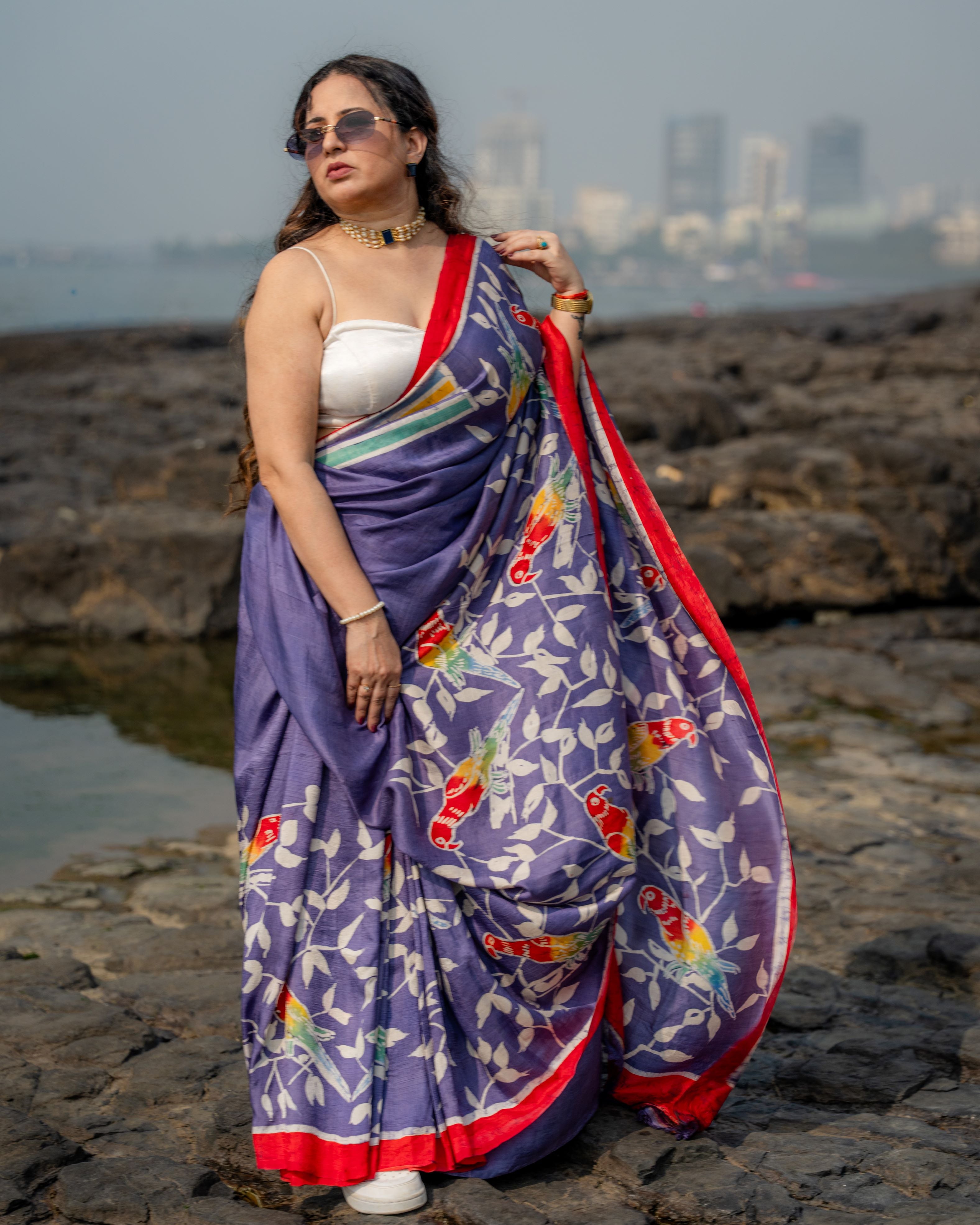 Lavender Parrot Pure Silk Batik Saree