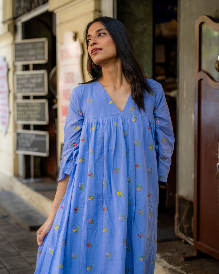 Azure Bloom Embroidered Cotton Dress