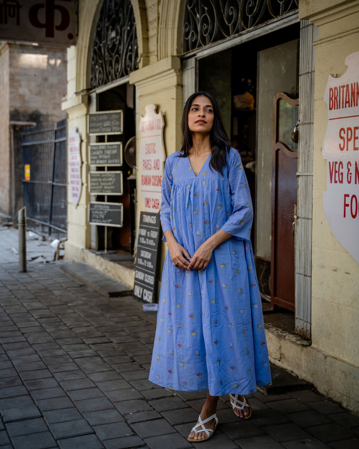 Azure Bloom Embroidered Cotton Dress