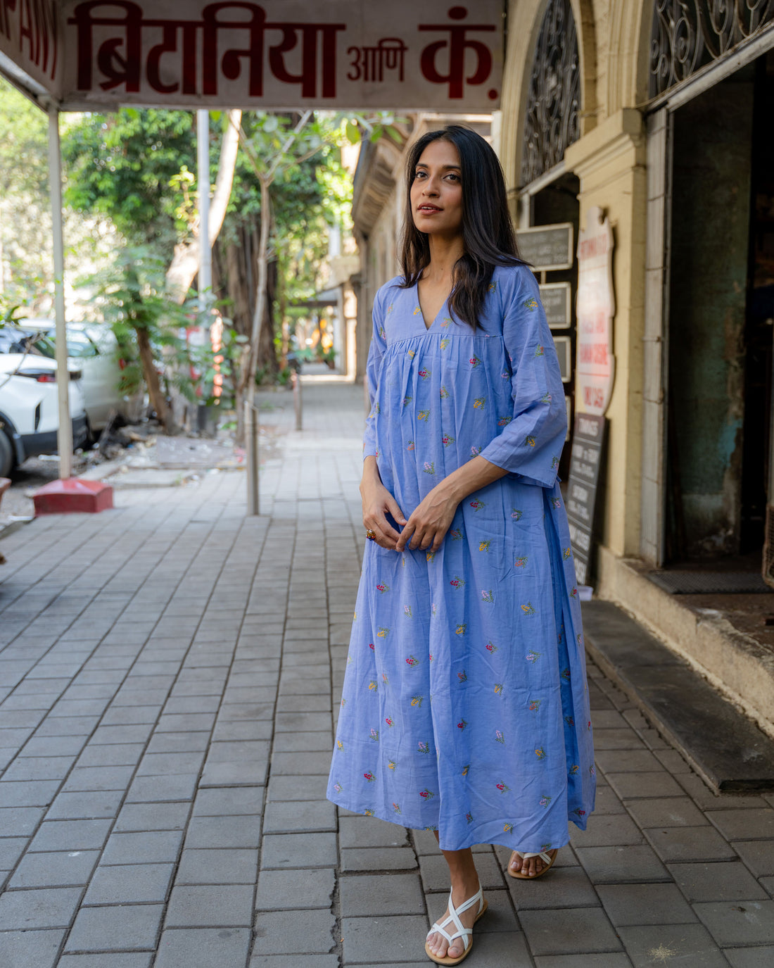 Azure Bloom Embroidered Cotton Dress