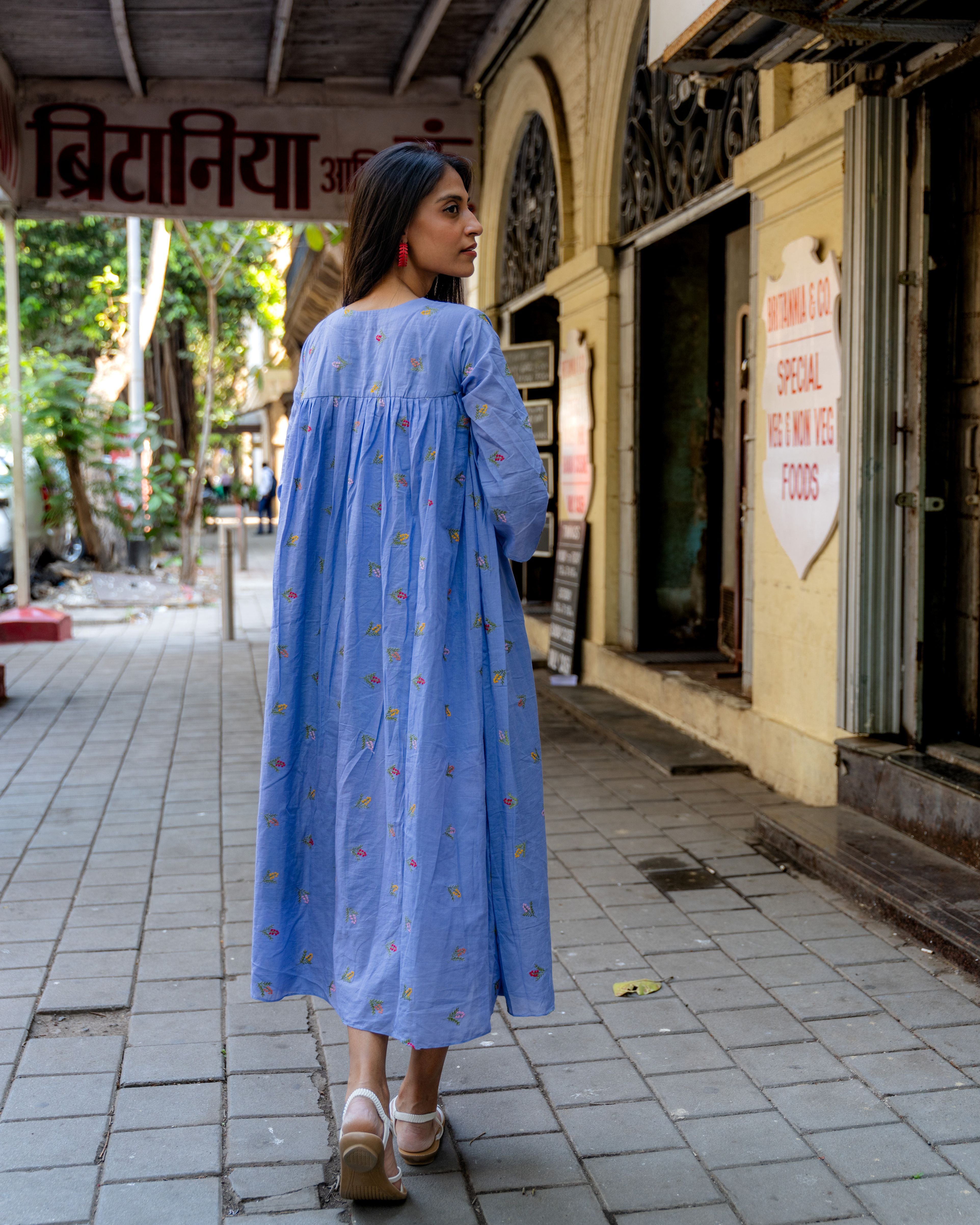 Azure Bloom Embroidered Cotton Dress