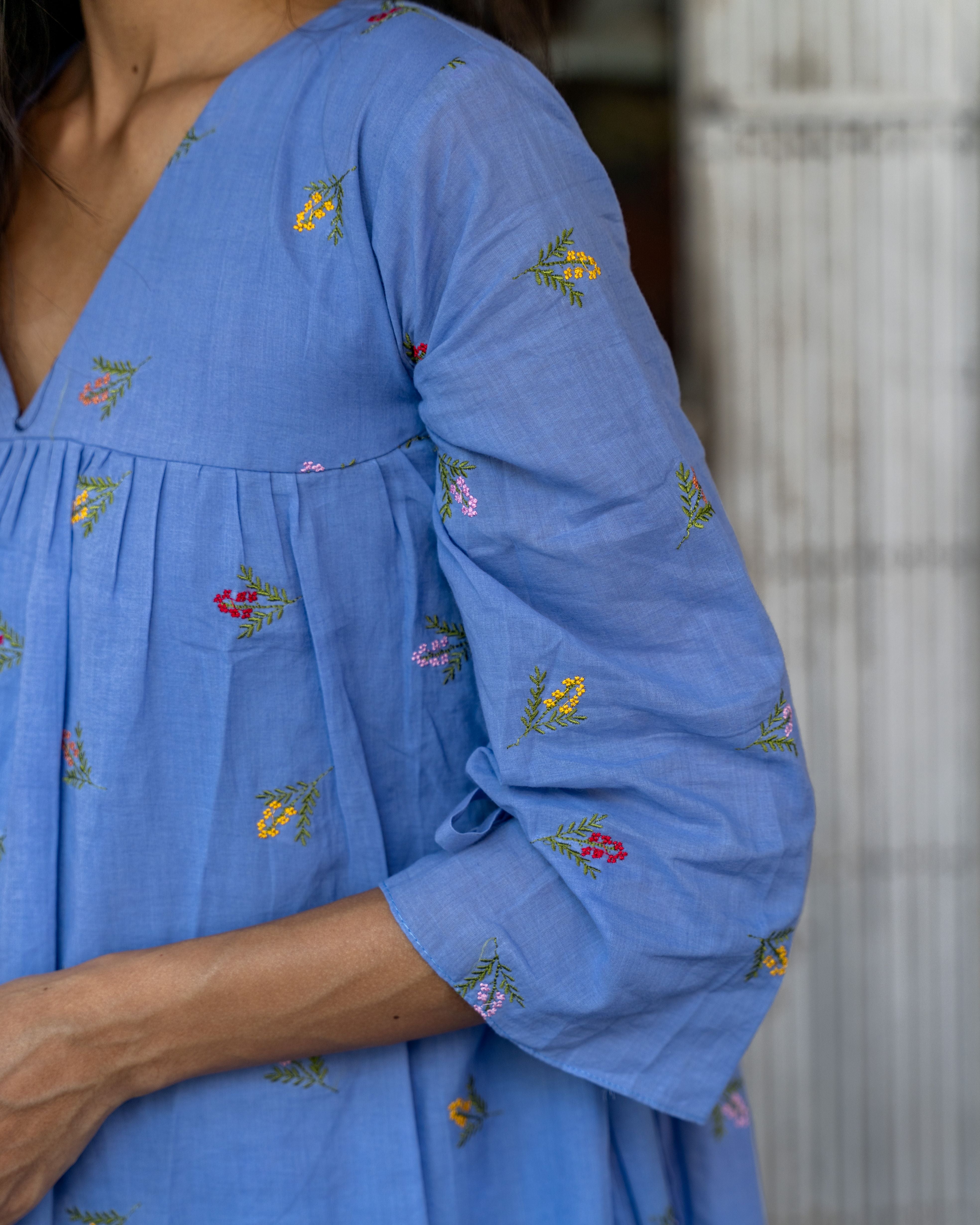 Azure Bloom Embroidered Cotton Dress