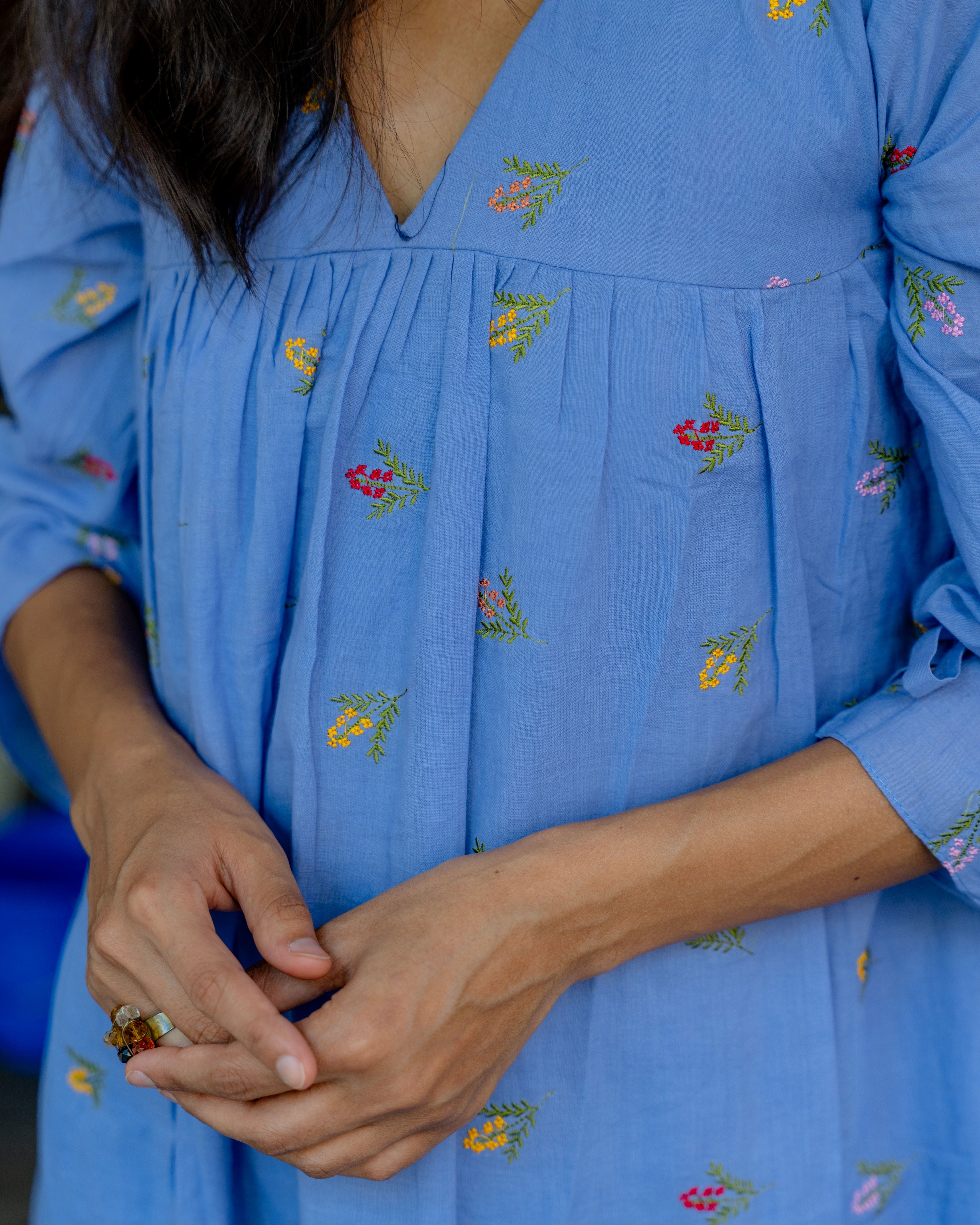 Azure Bloom Embroidered Cotton Dress