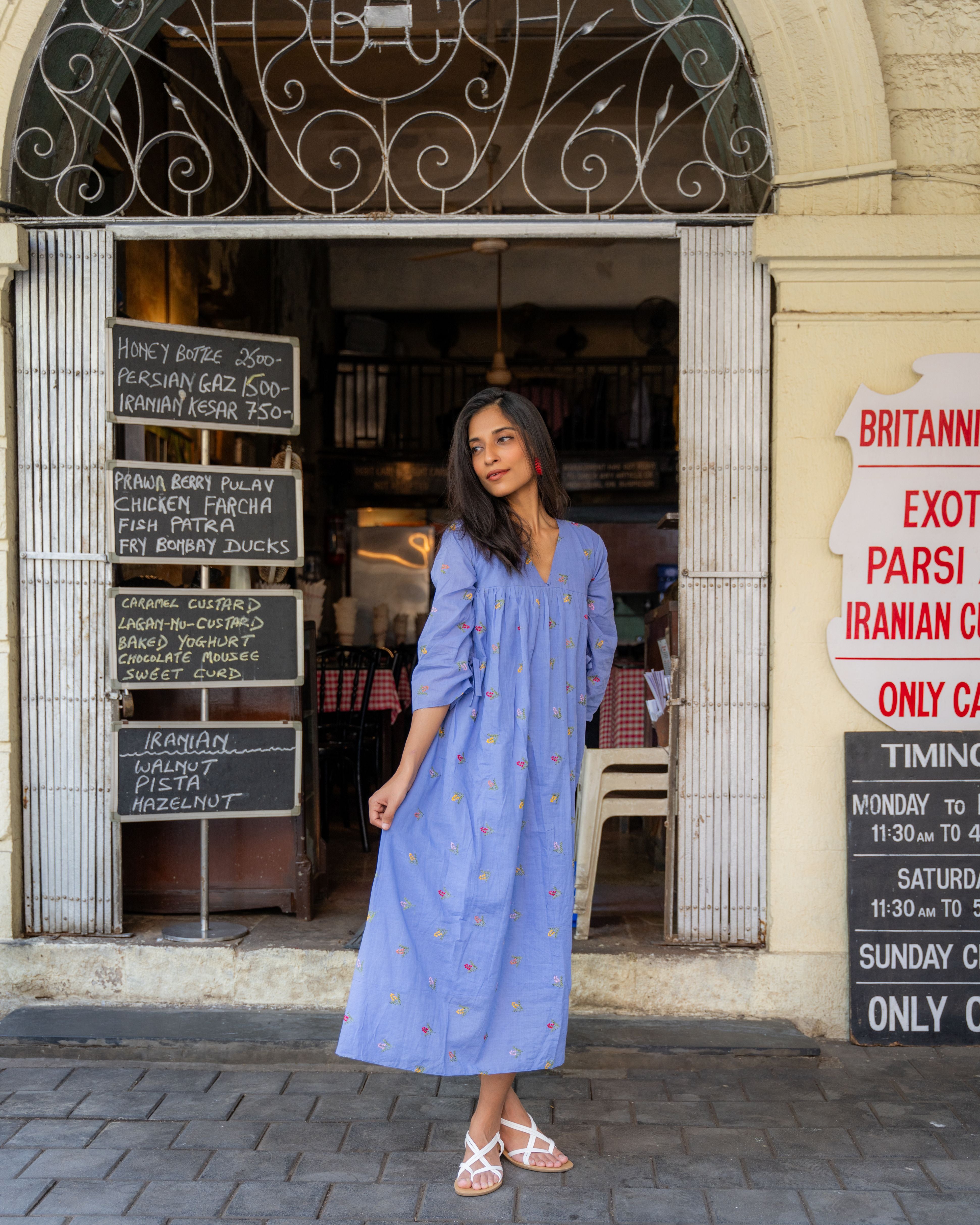 Azure Bloom Embroidered Cotton Dress