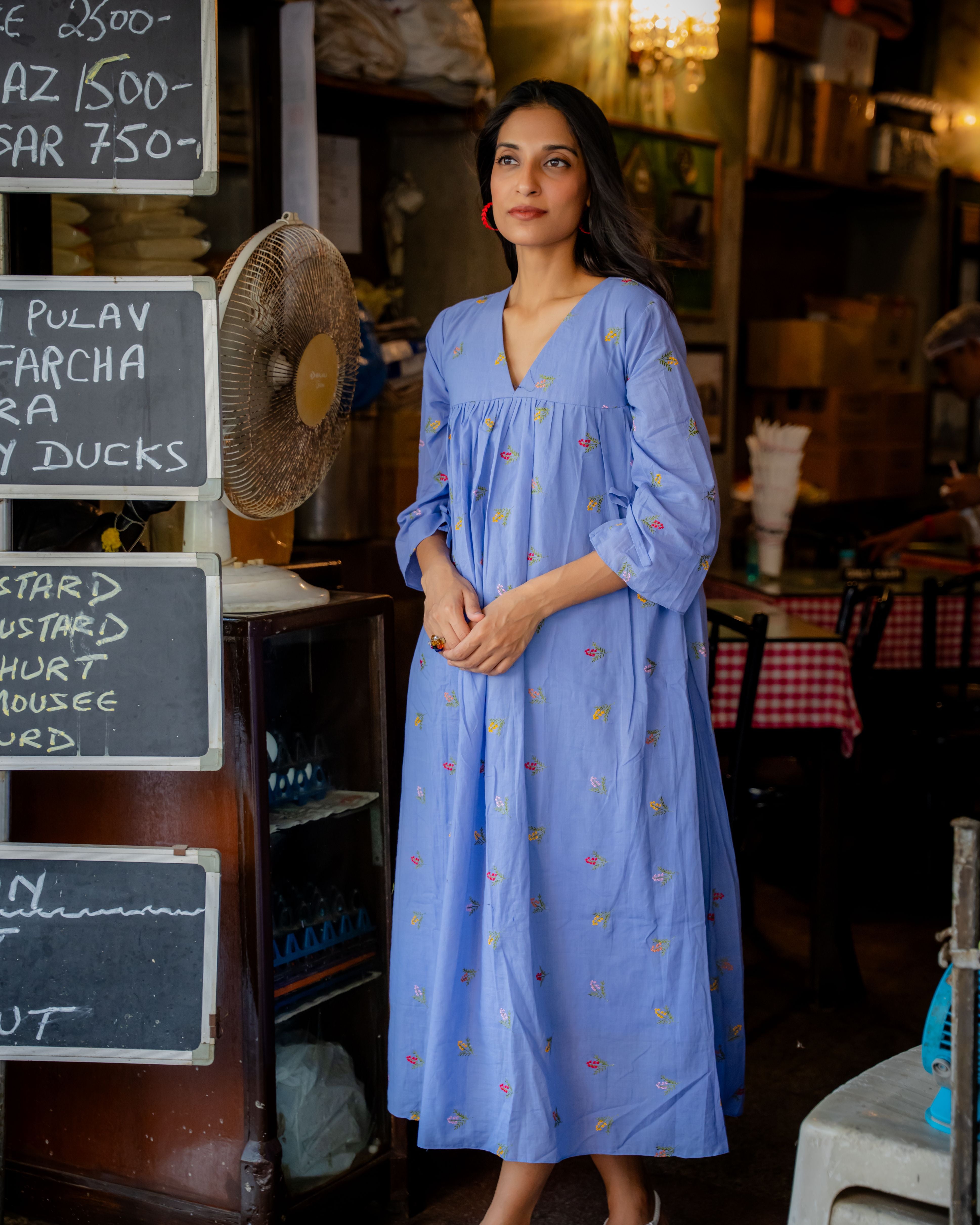 Azure Bloom Embroidered Cotton Dress