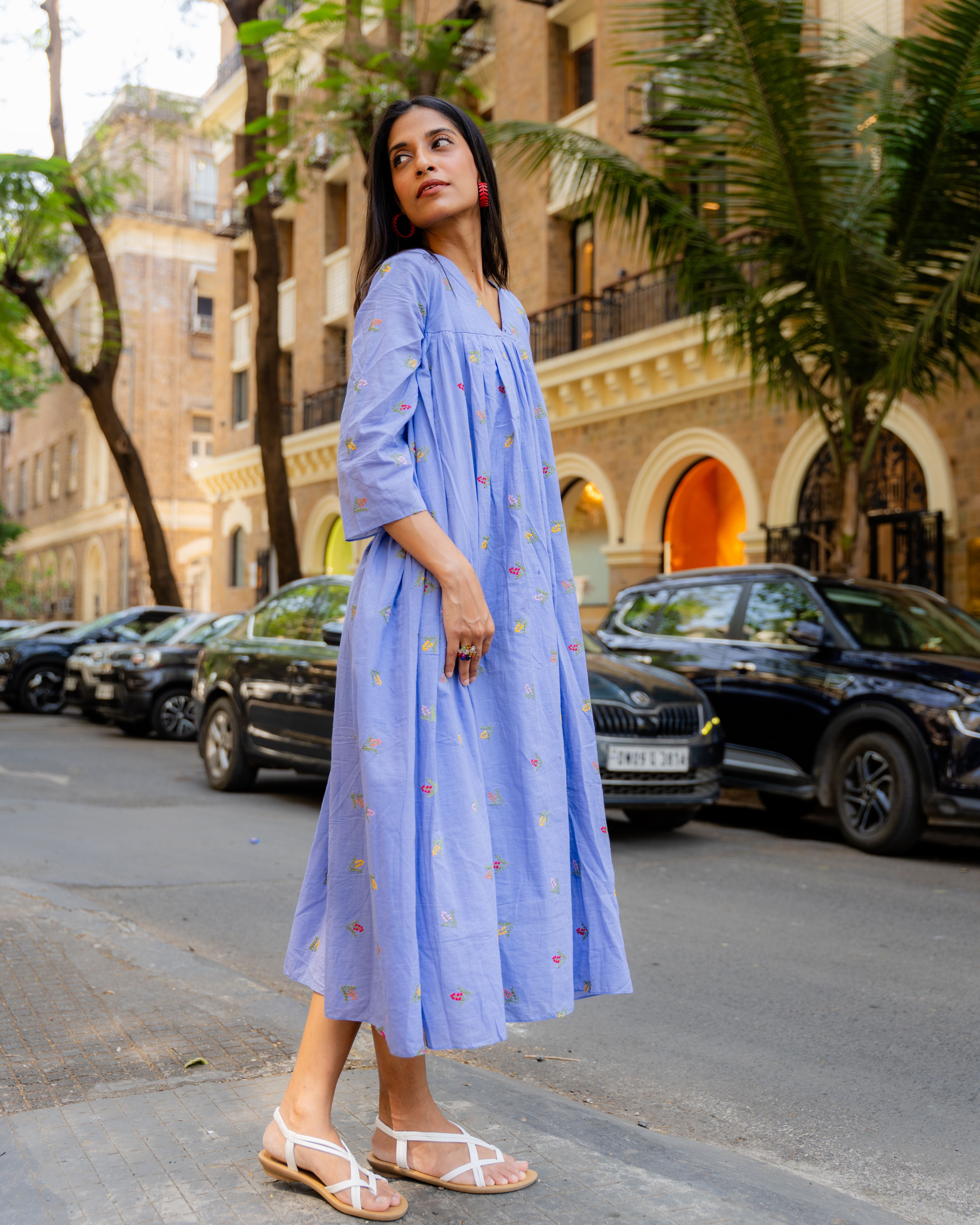 Azure Bloom Embroidered Cotton Dress