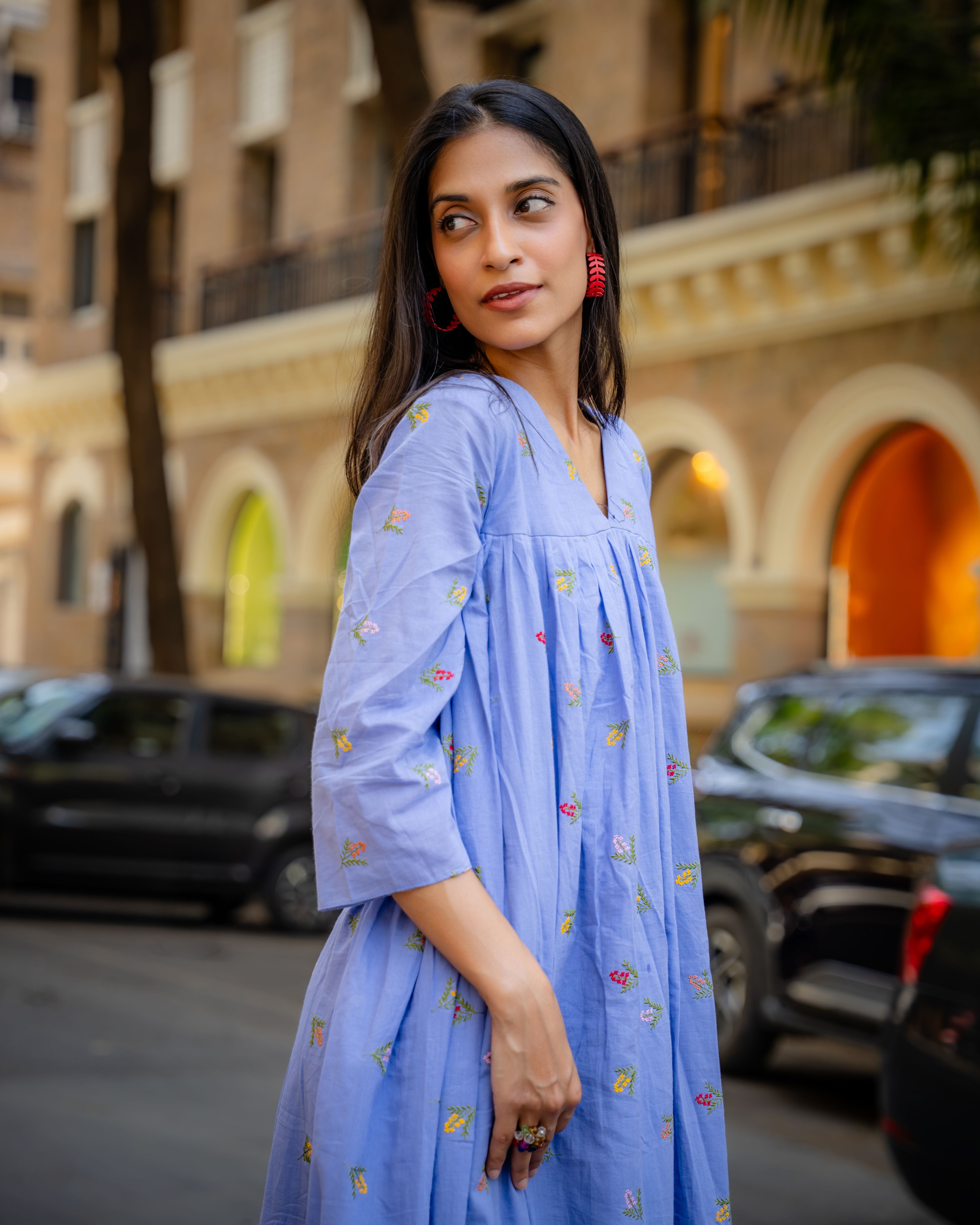 Azure Bloom Embroidered Cotton Dress