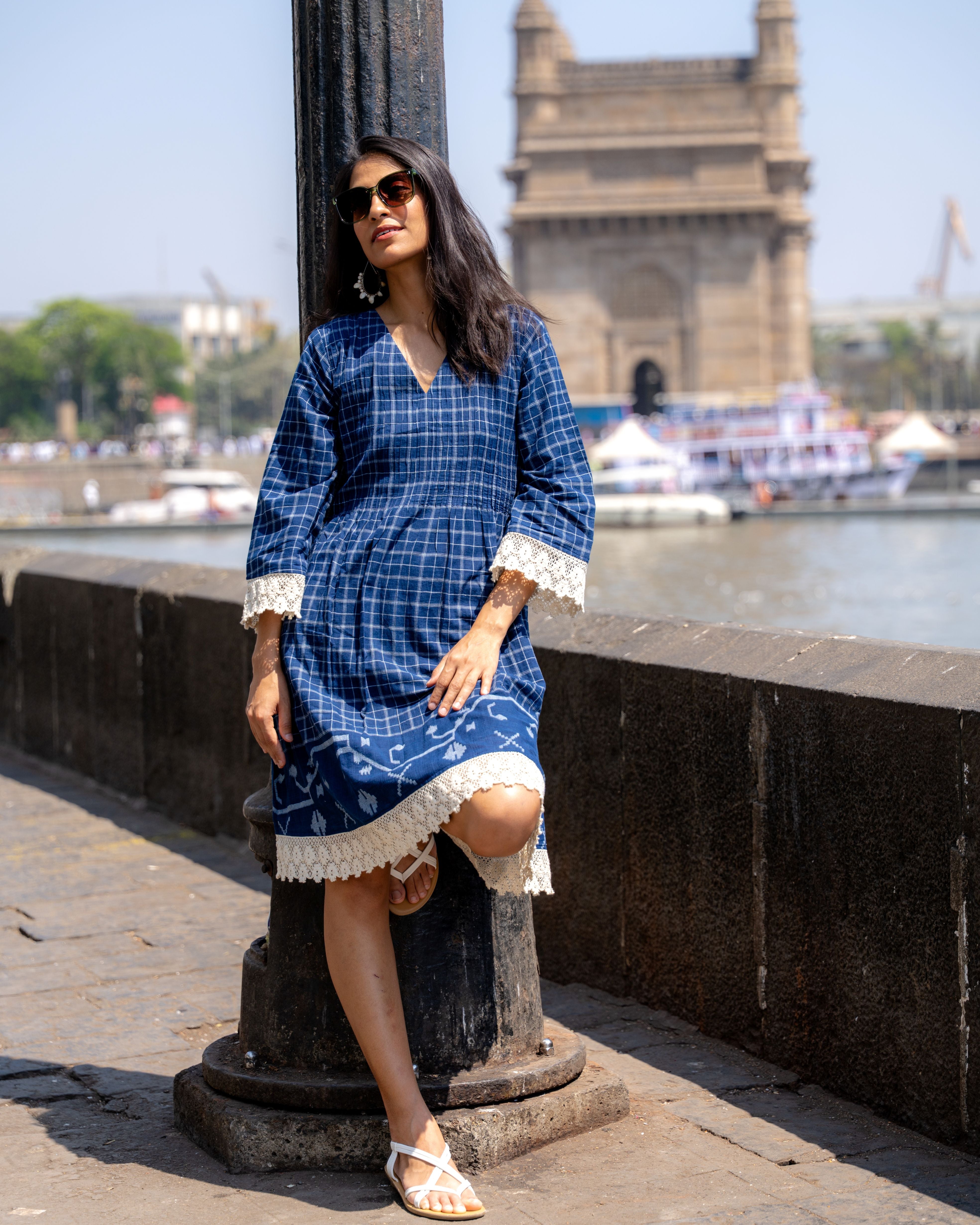 Indigo Lace Jamdani Cotton Dress