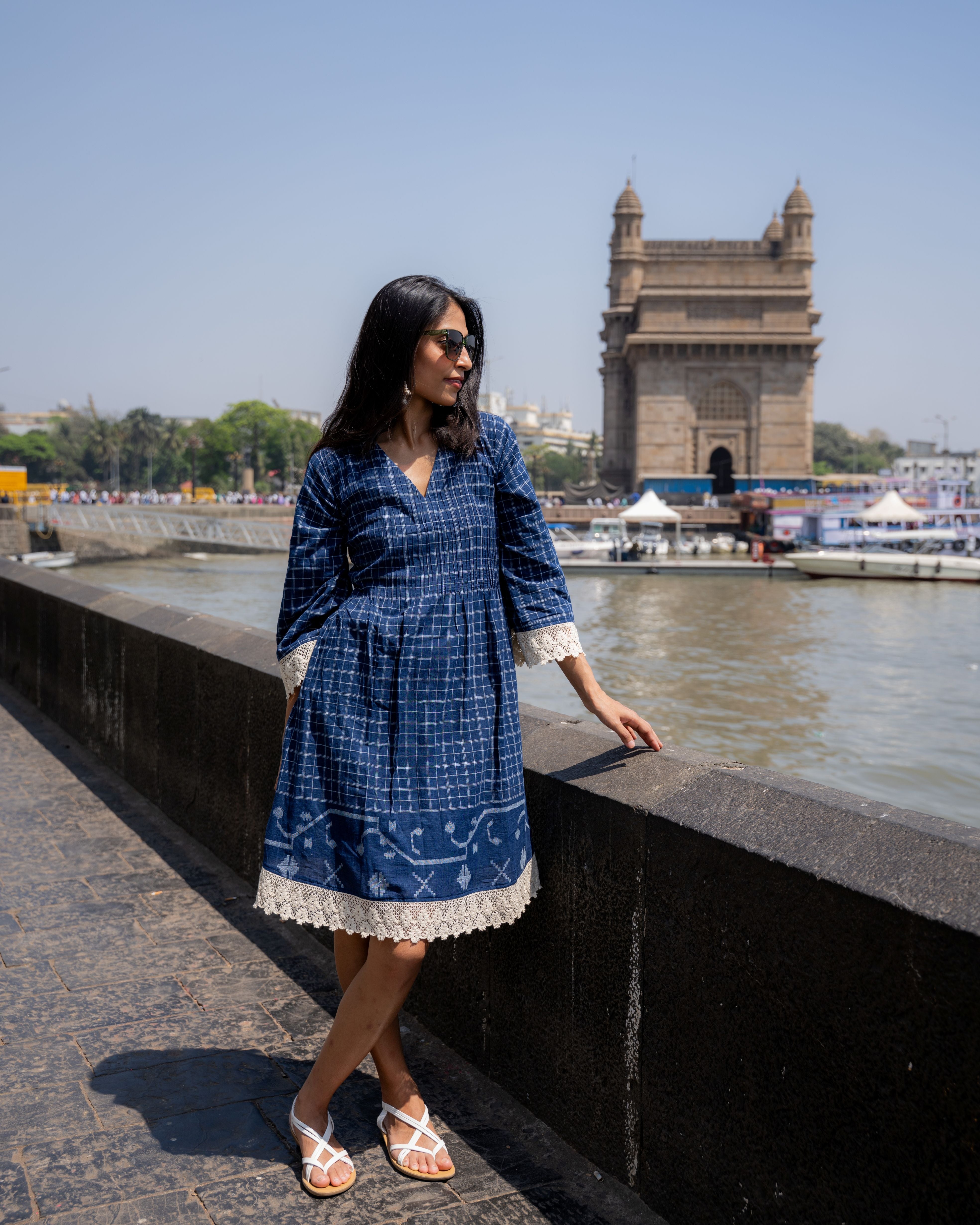 Indigo Lace Jamdani Cotton Dress