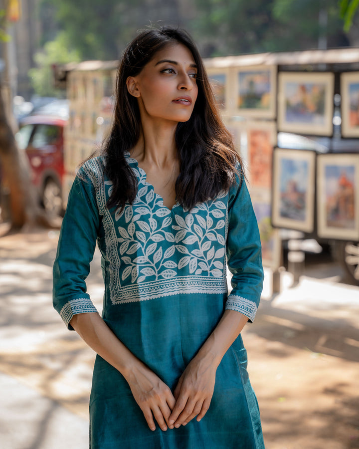 Teal Bloom Block Printed Tussar Dress