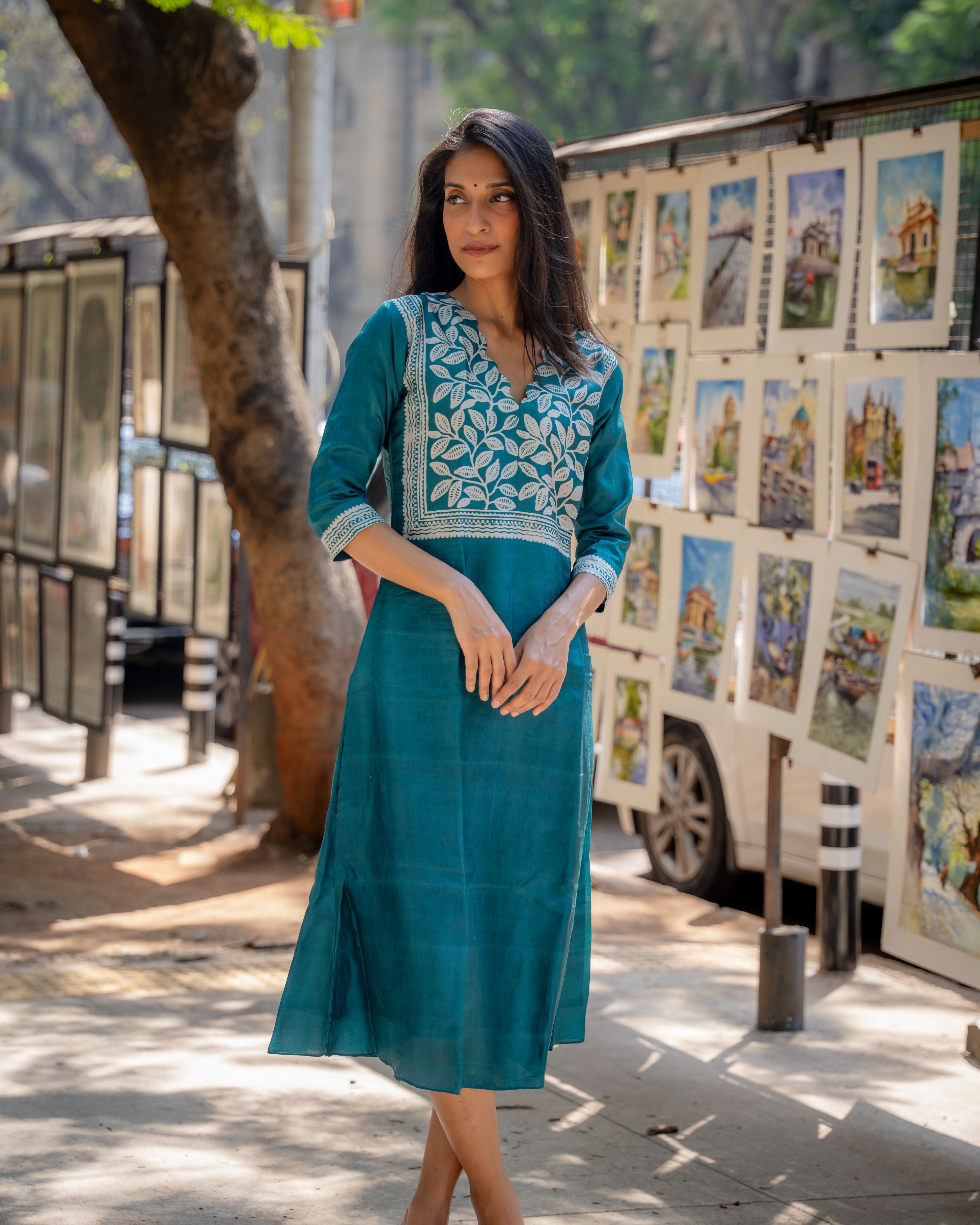 Teal Bloom Block Printed Tussar Dress