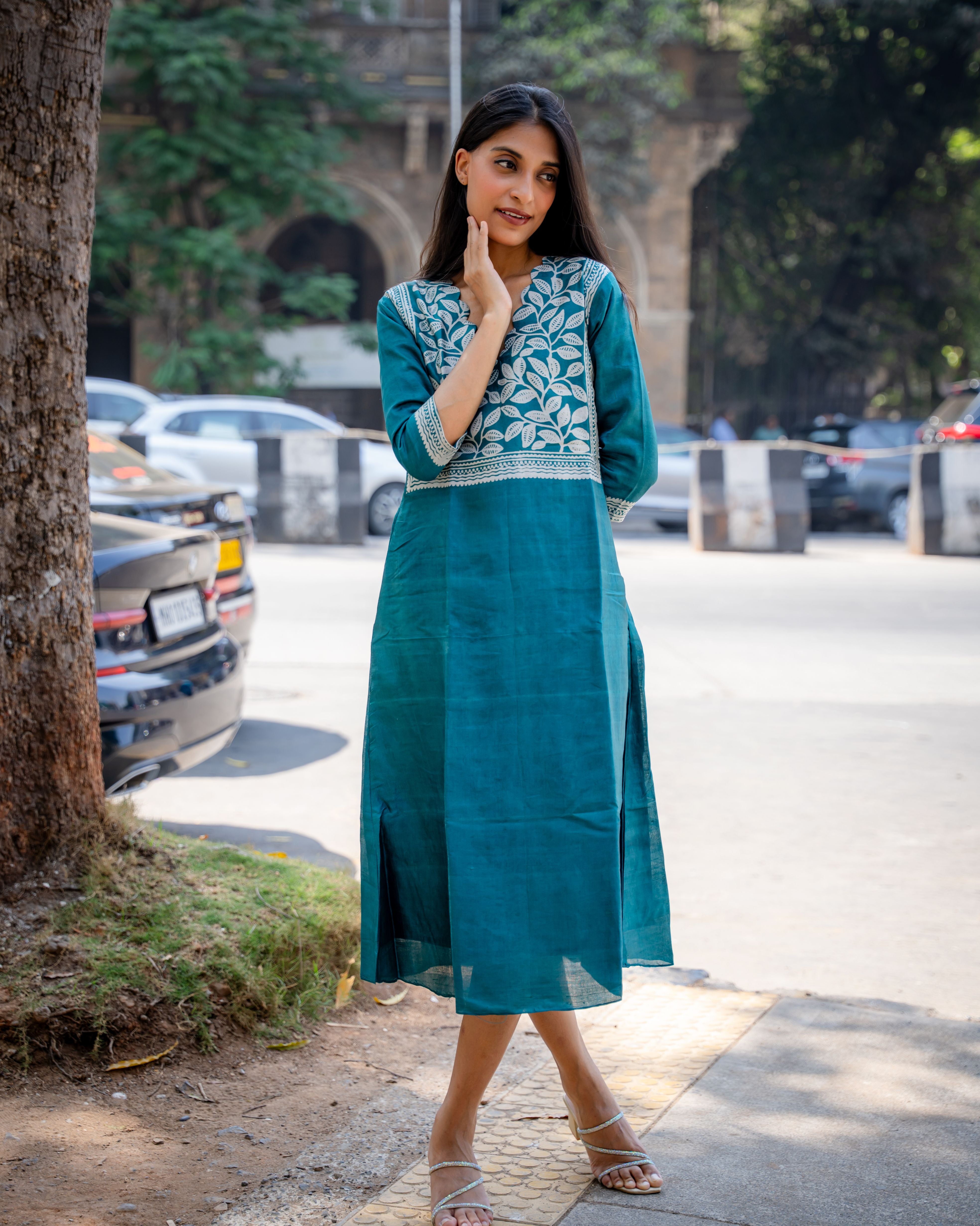 Teal Bloom Block Printed Tussar Dress