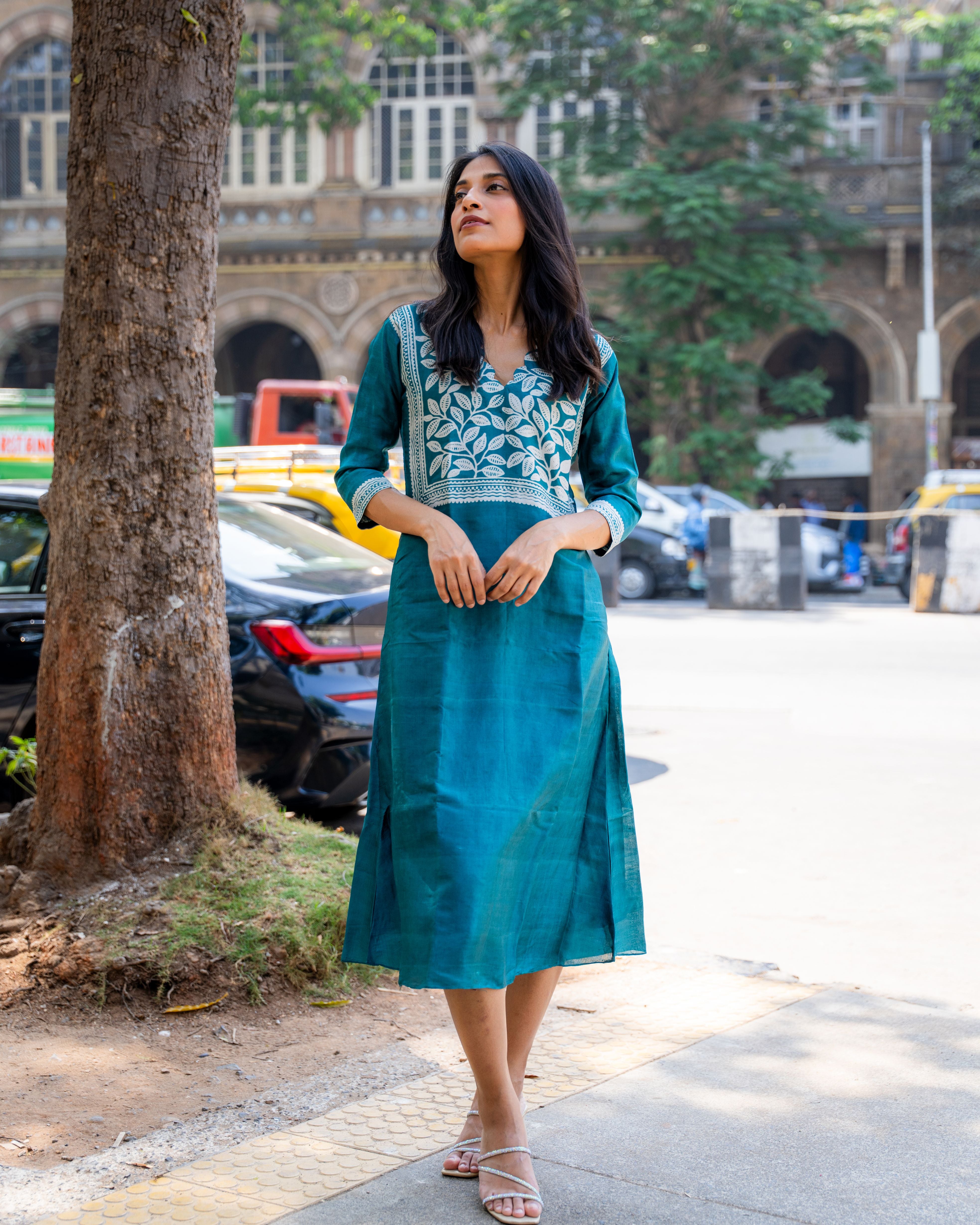 Teal Bloom Block Printed Tussar Dress