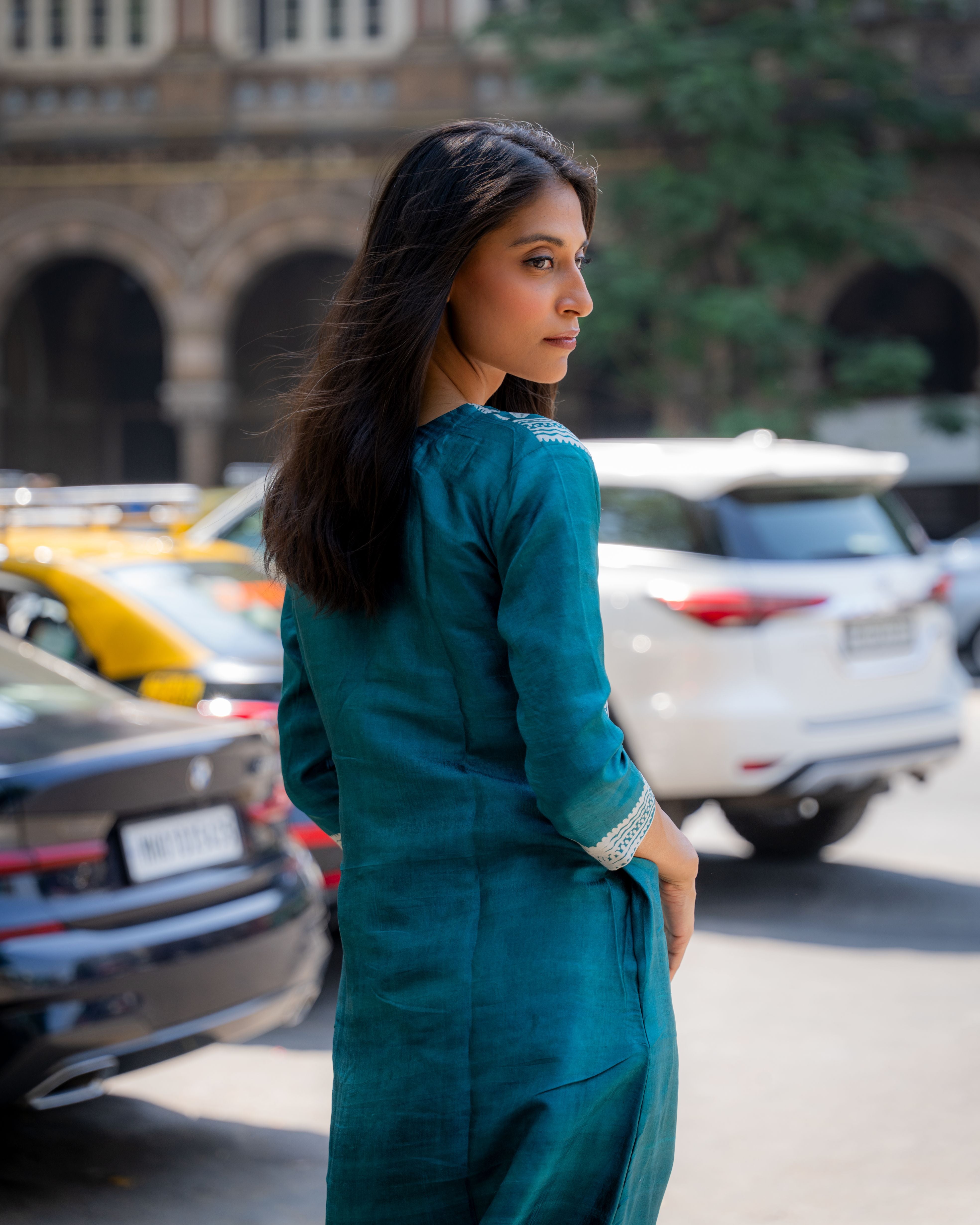 Teal Bloom Block Printed Tussar Dress
