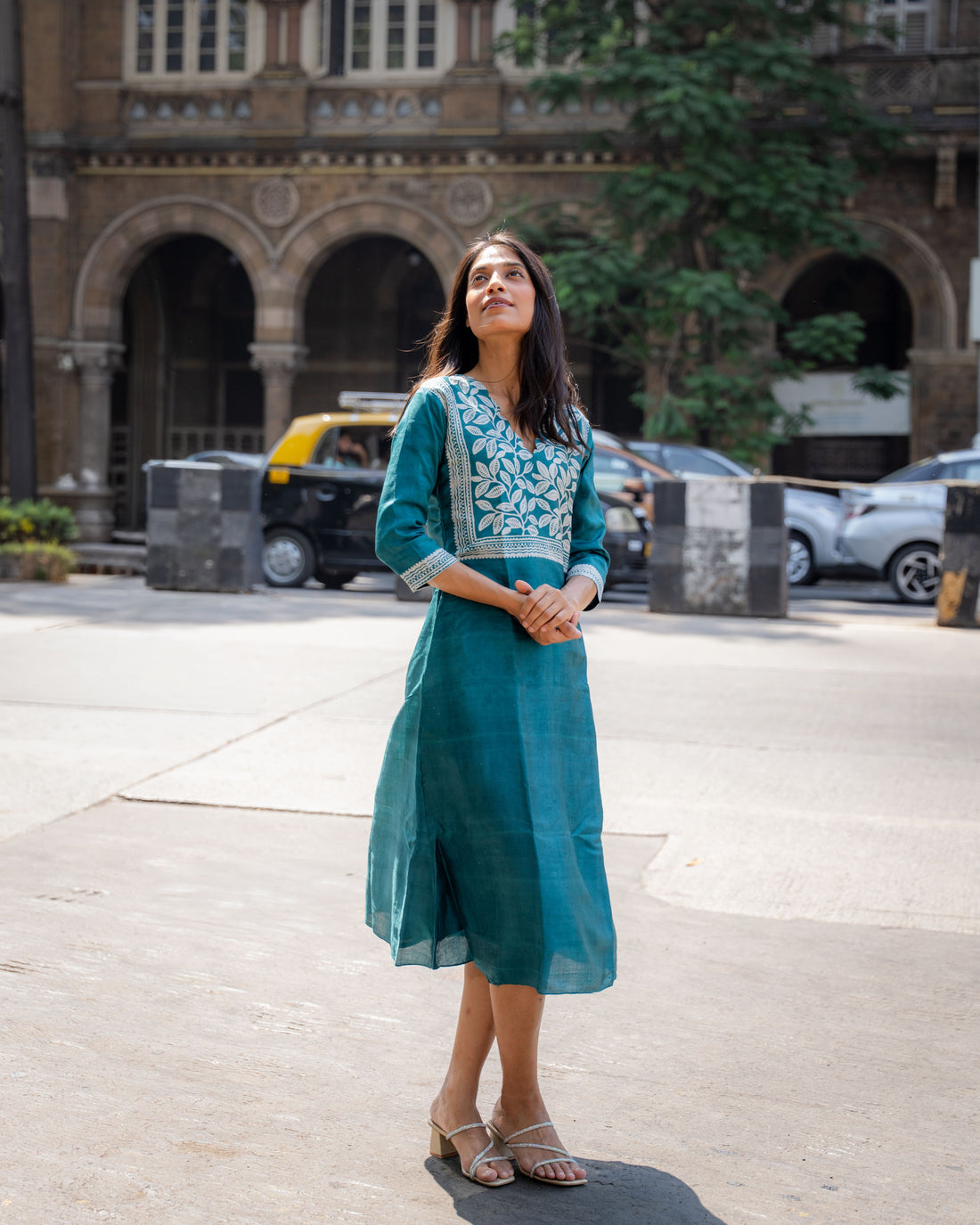 Teal Bloom Block Printed Tussar Dress
