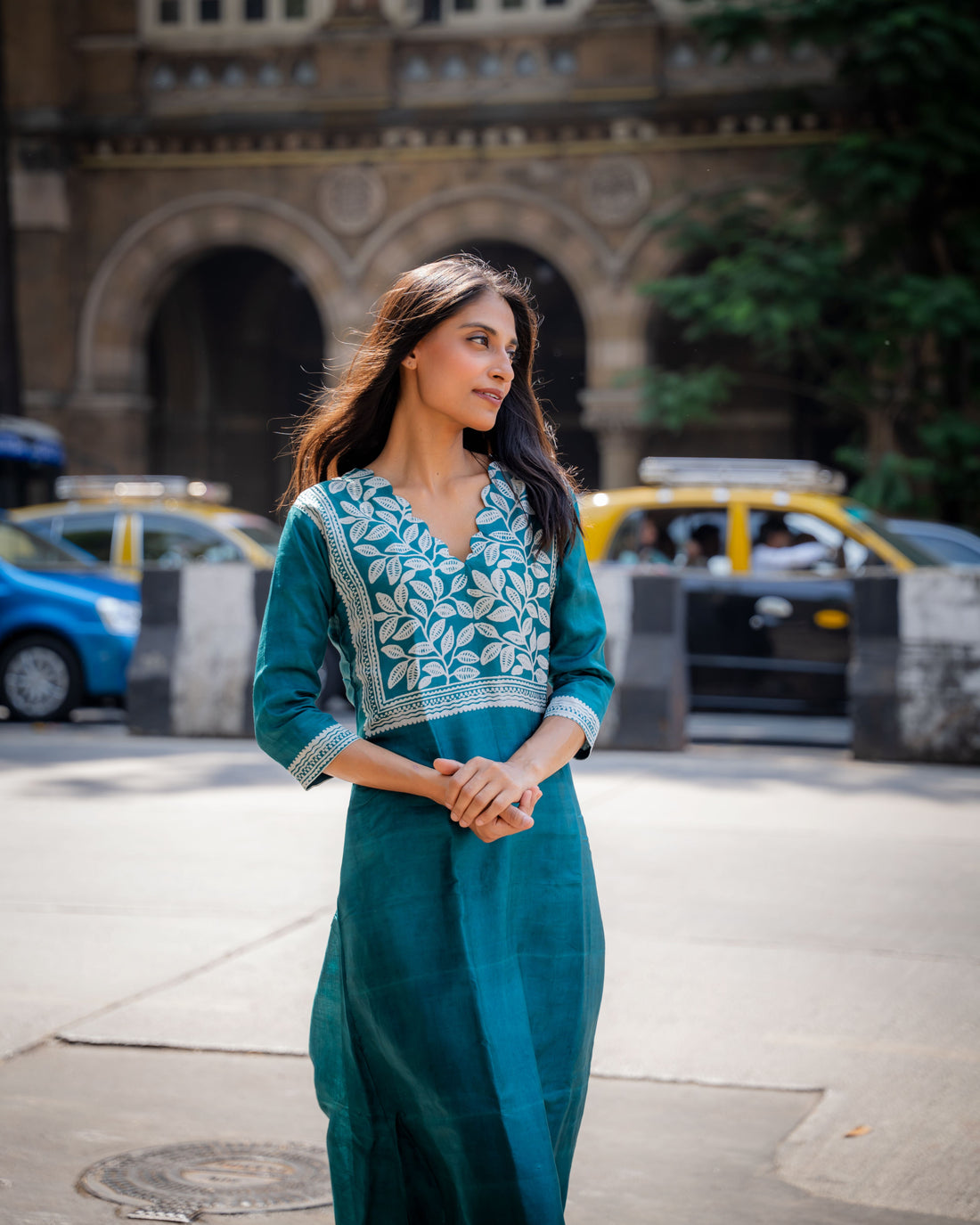 Teal Bloom Block Printed Tussar Dress