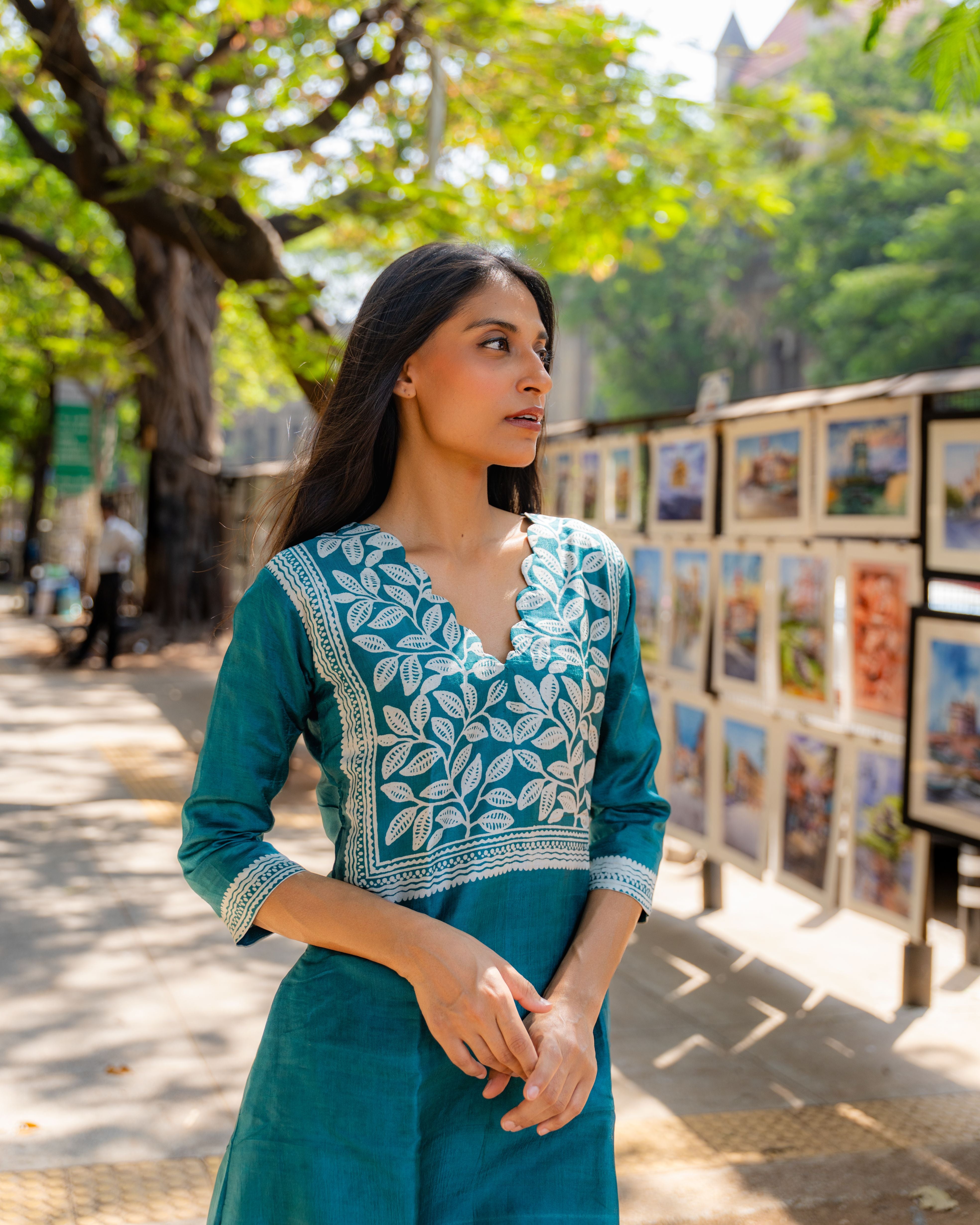 Teal Bloom Block Printed Tussar Dress