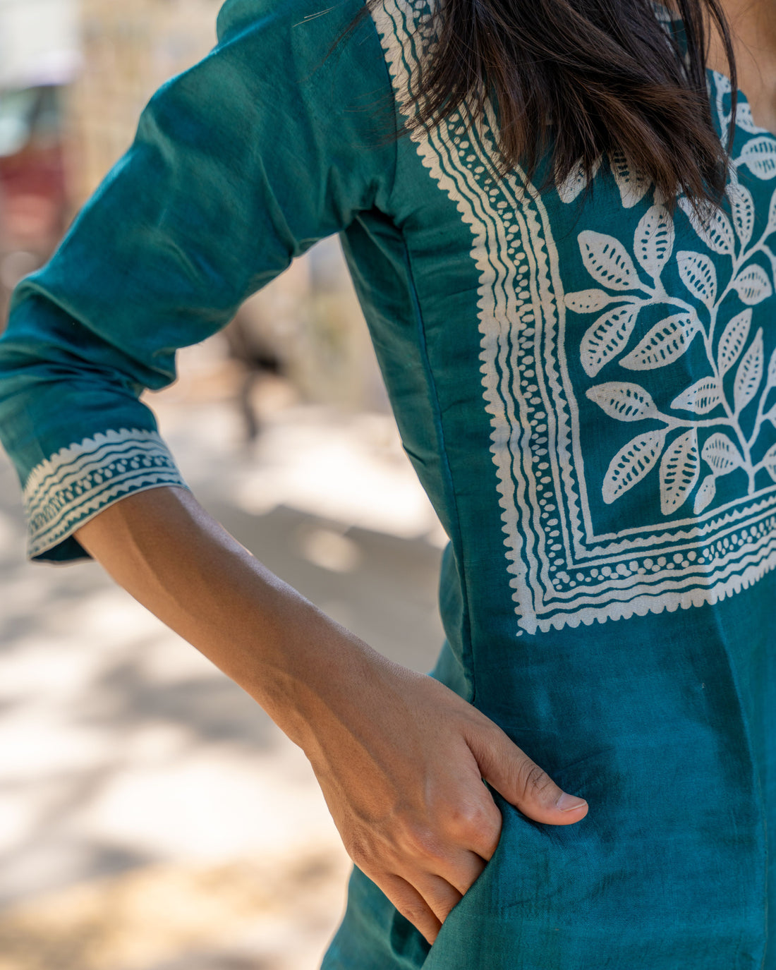 Teal Bloom Block Printed Tussar Dress
