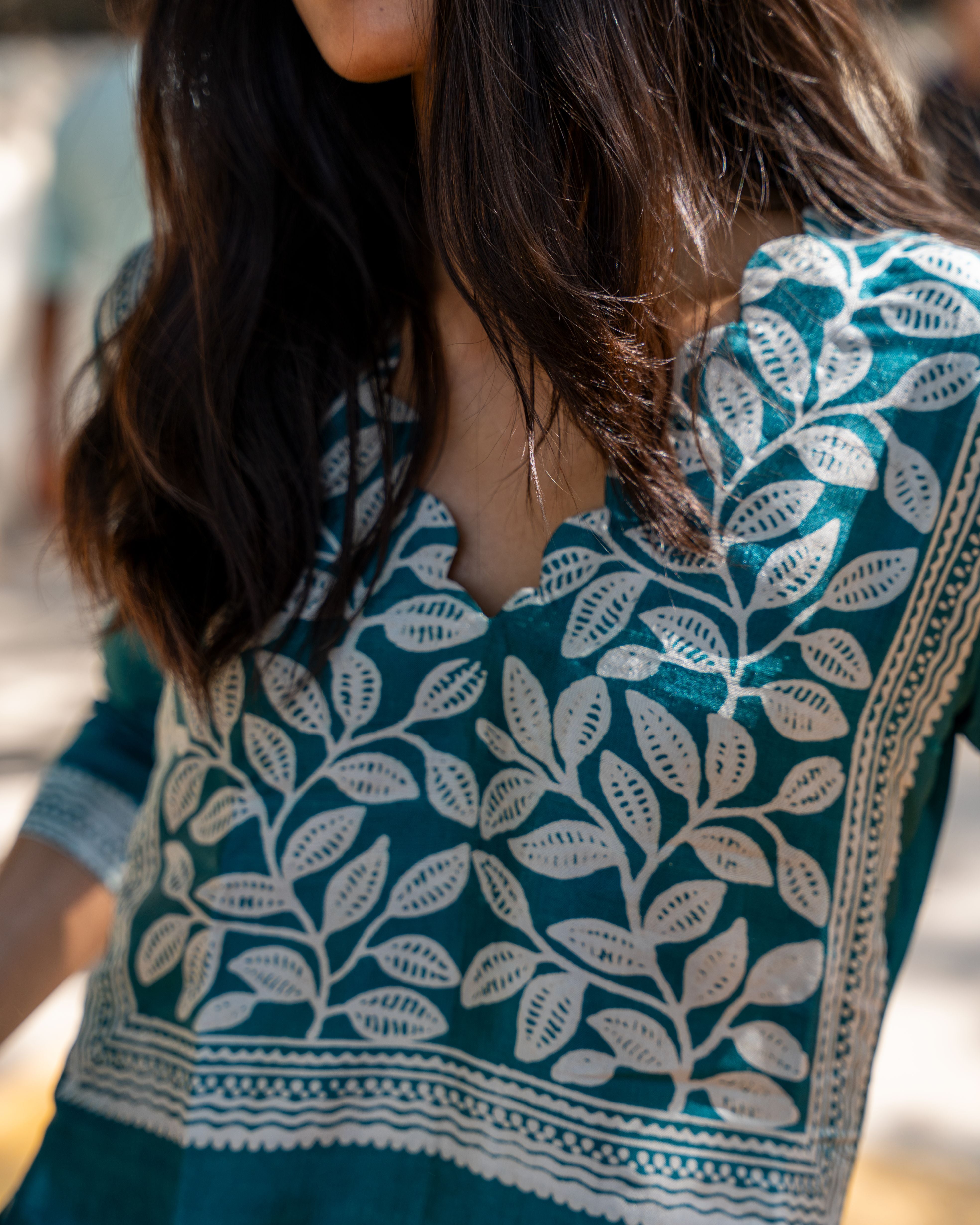 Teal Bloom Block Printed Tussar Dress
