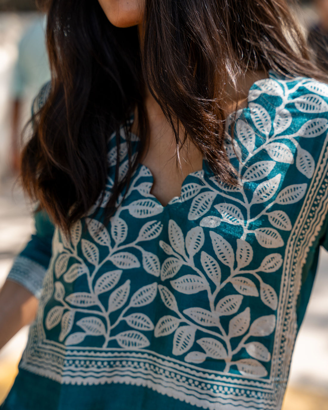 Teal Bloom Block Printed Tussar Dress