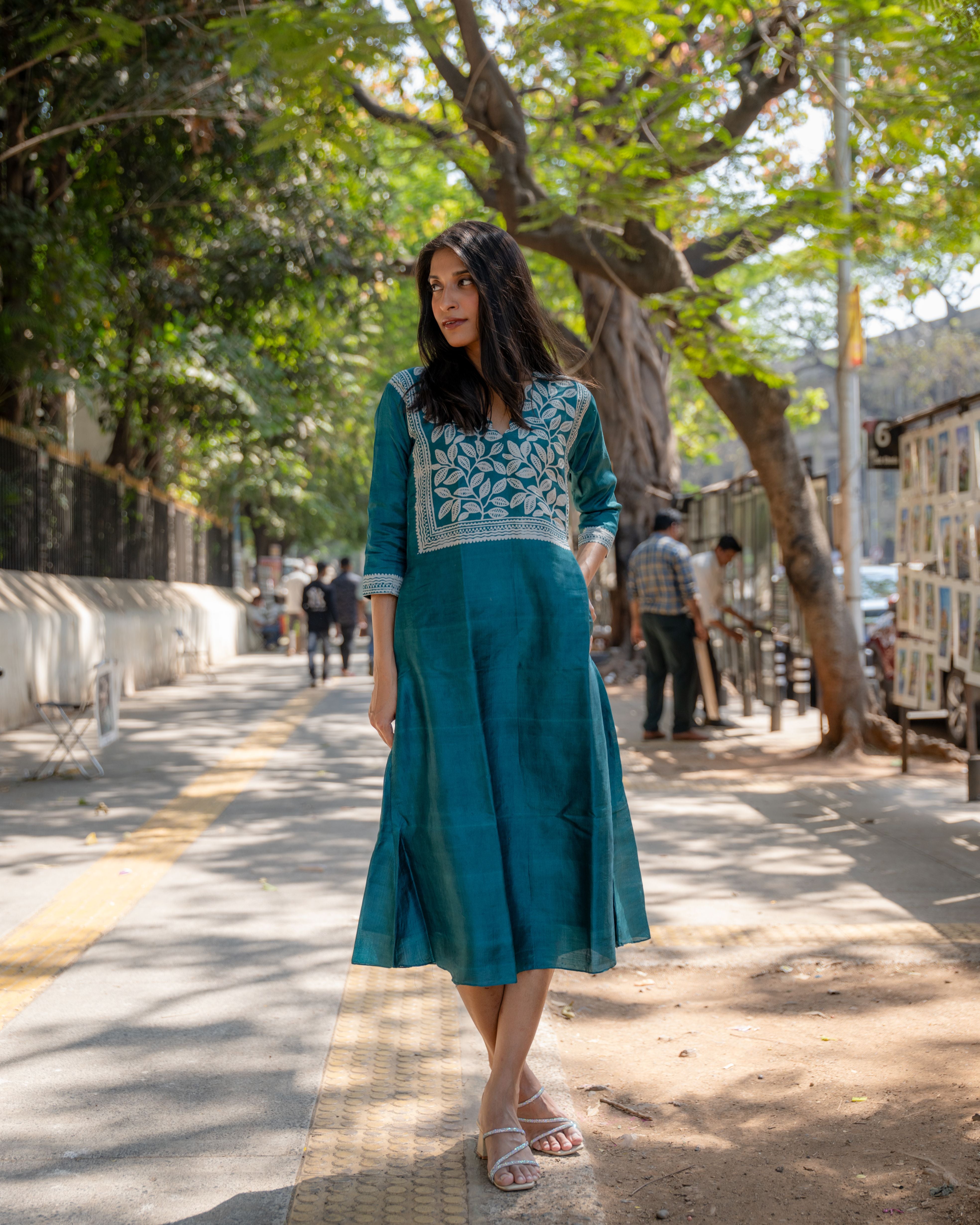 Teal Bloom Block Printed Tussar Dress