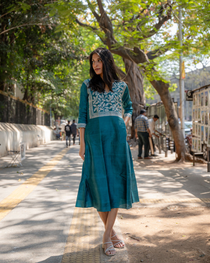 Teal Bloom Block Printed Tussar Dress