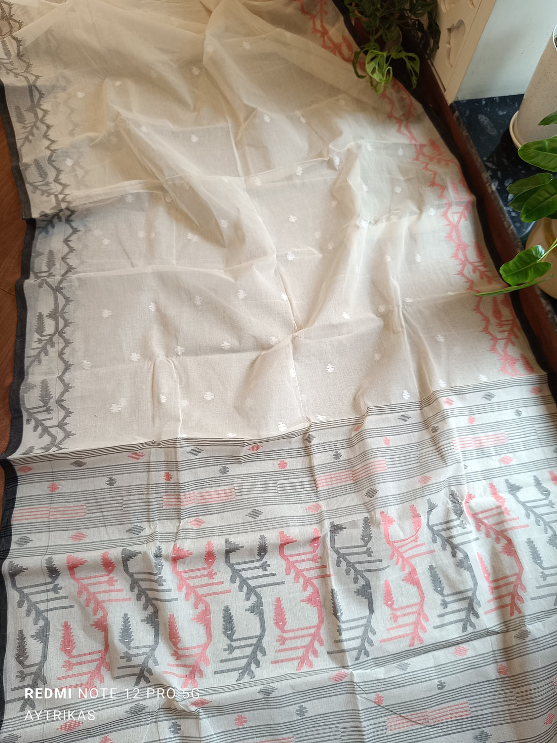 Ivory Blossom Needlework Jamdani Cotton Saree
