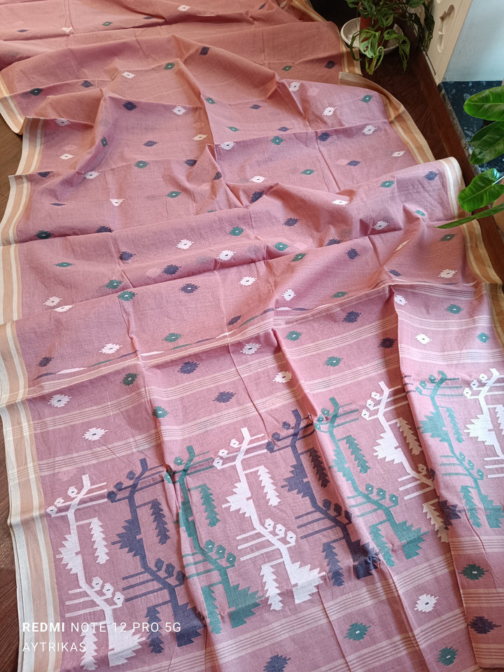 Handwoven Pure Cotton Needlework Jamdani Saree – Dusty Rose